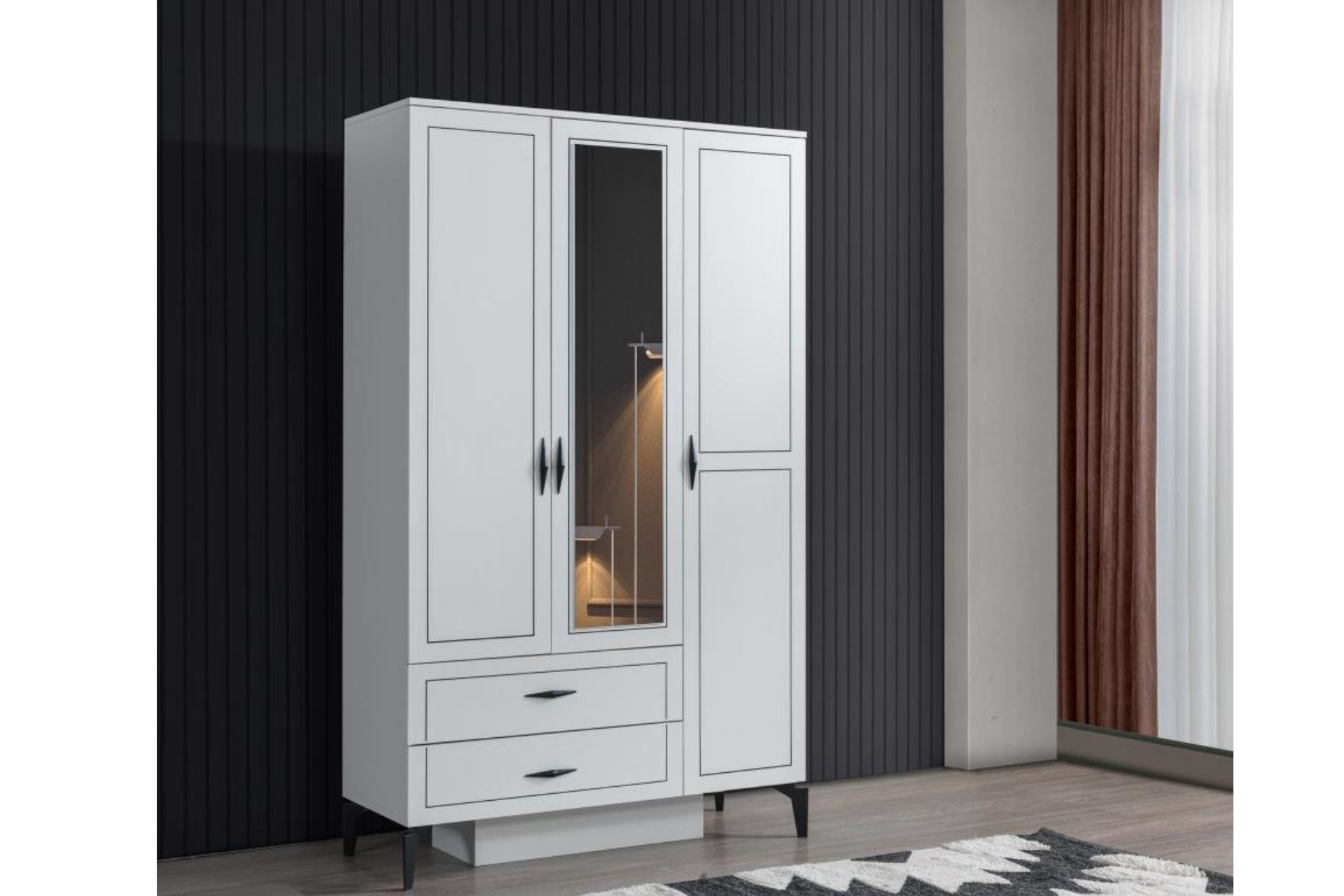 Çizgi Gardırop- 3 Kapaklı 2 Çekmeceli- 200 Cm -1