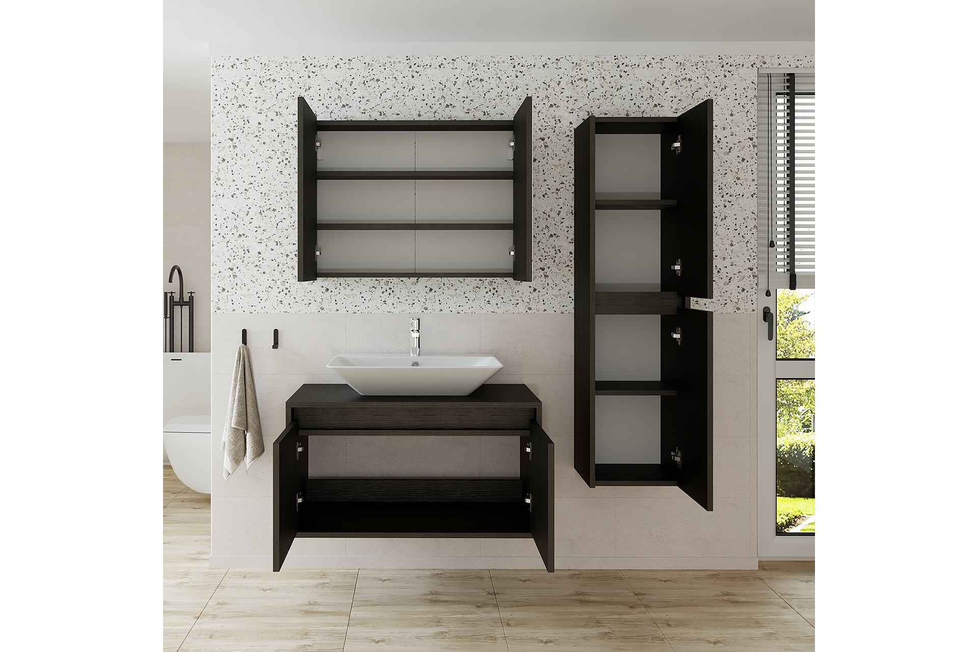 ROOMART LAVABOLU BANYO DOLABI+AYNALI ÜST DOLAP+BOY DOLAP, SİYAH, 85 CM ...