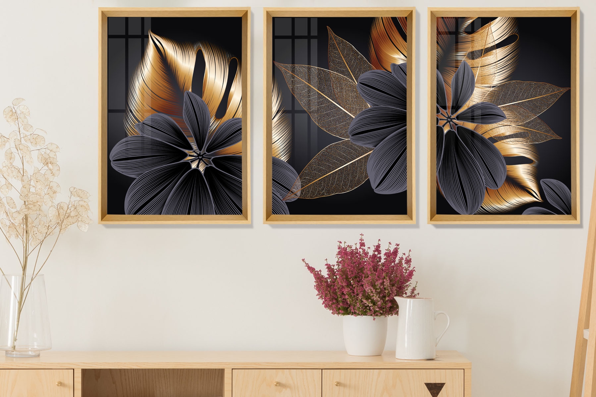 Black Copper Plant Leaf Bilder-Set, 33x48 cm, Naturfarbe