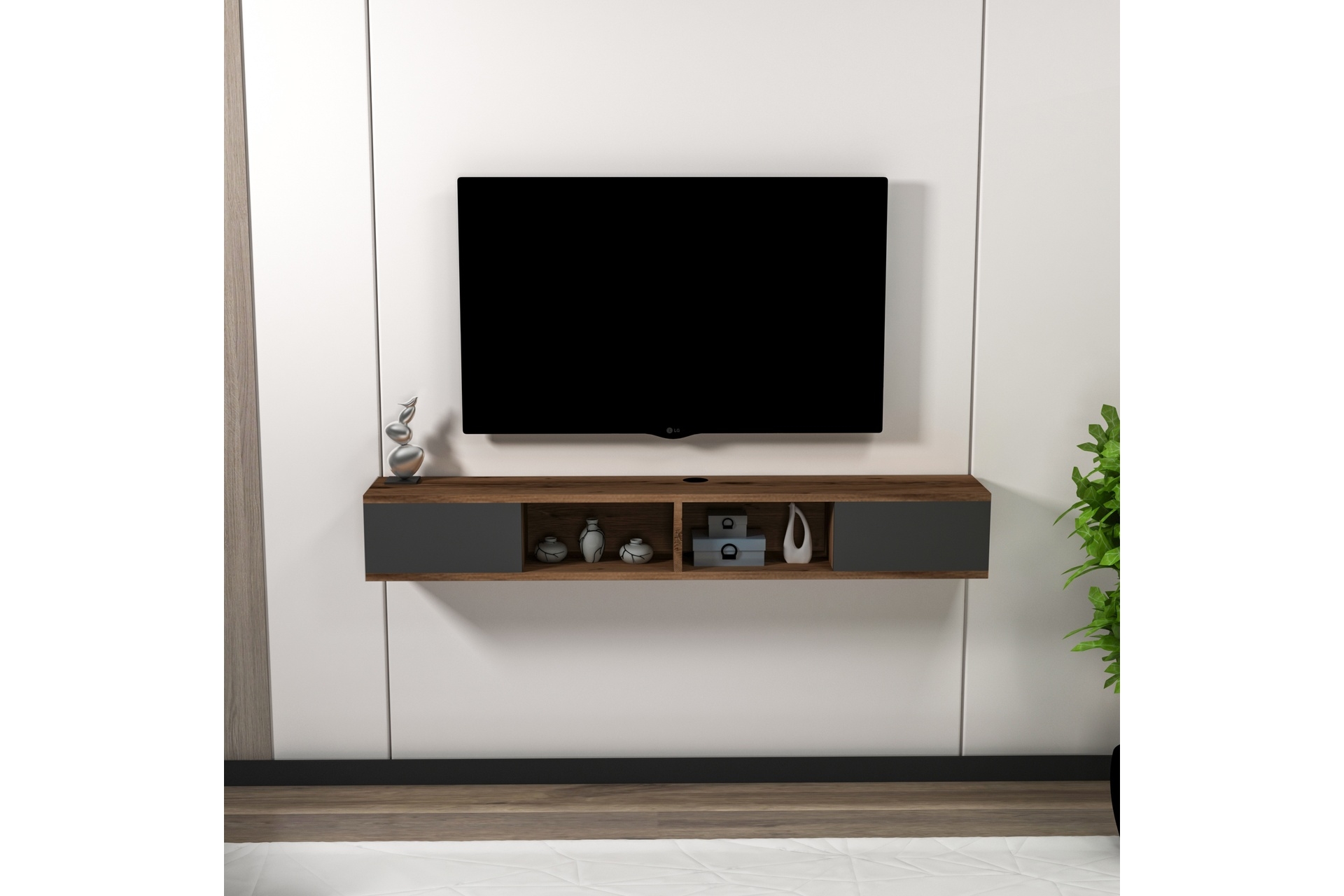 Arnetti Mayer Duvara Monte Raflı Tv Sehpası- Ceviz Antrasit - Mayer -1