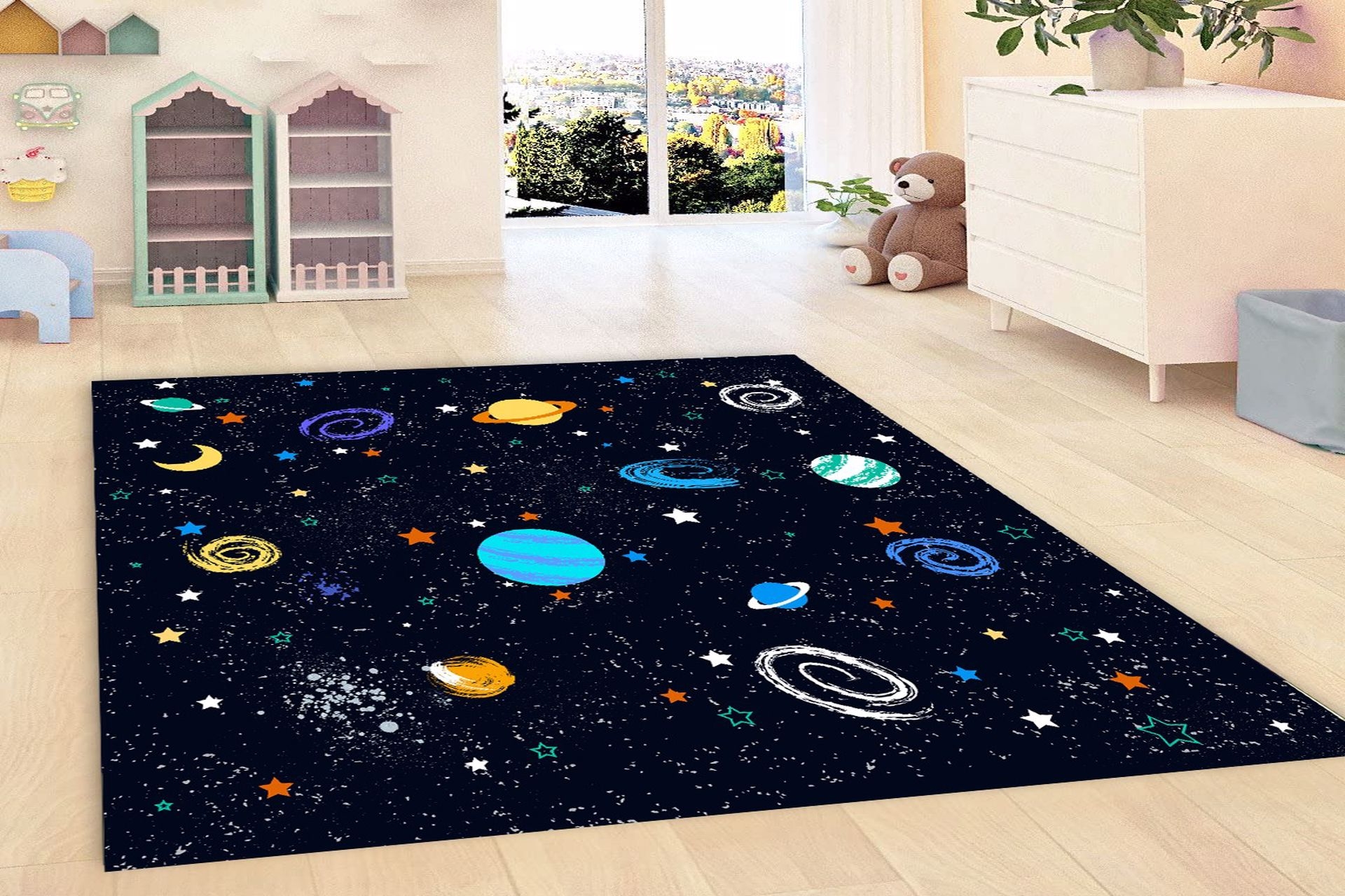 jungle siyah tabanli uzay desenli dijital baskili hali 100x150 fiyati vivense