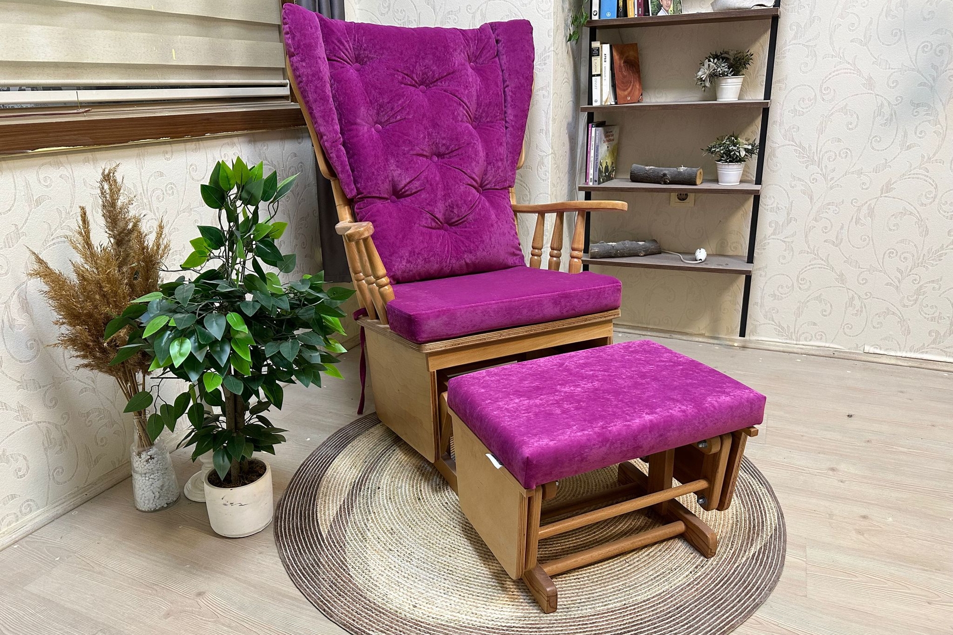 Asedia Mama Puflu Sallanan Sandalye- Fuşya- Naturel Ahşap Ayak - 1