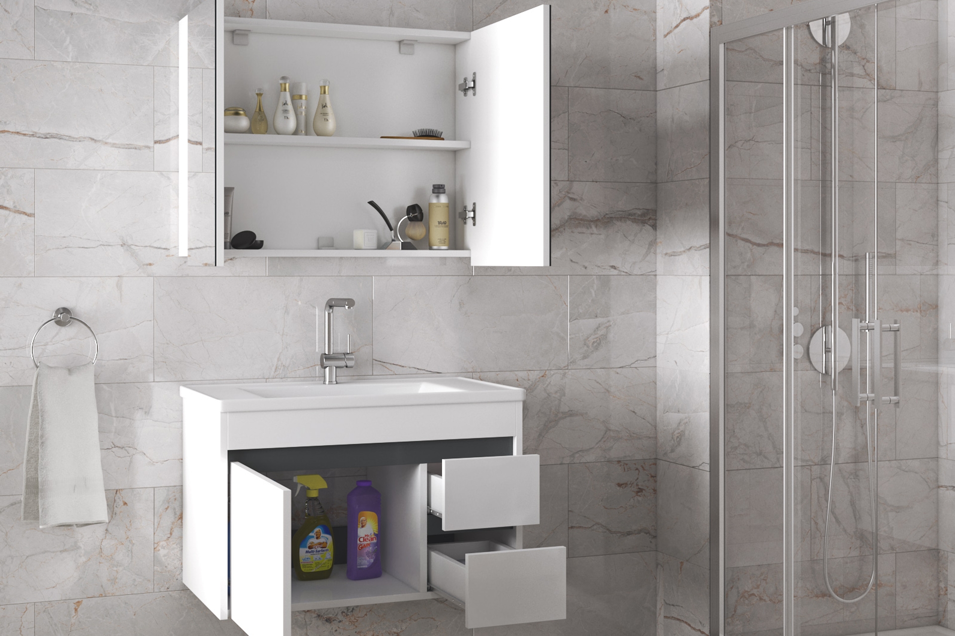 ALFA VİOSEN AYNALI LAVABOLU BANYO DOLAP TAKIMI, BEYAZ, 80 CM