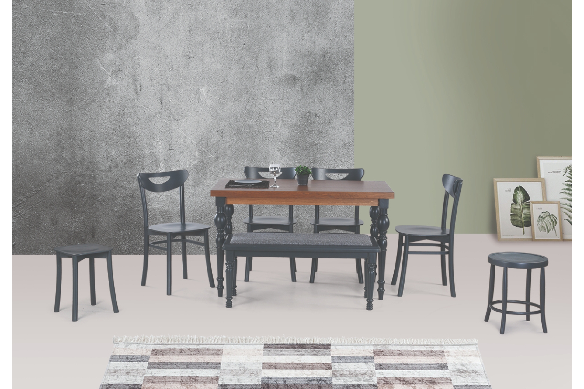 Damla Country Masa + Alman Sandalye- Antrasit- 125X80 -1