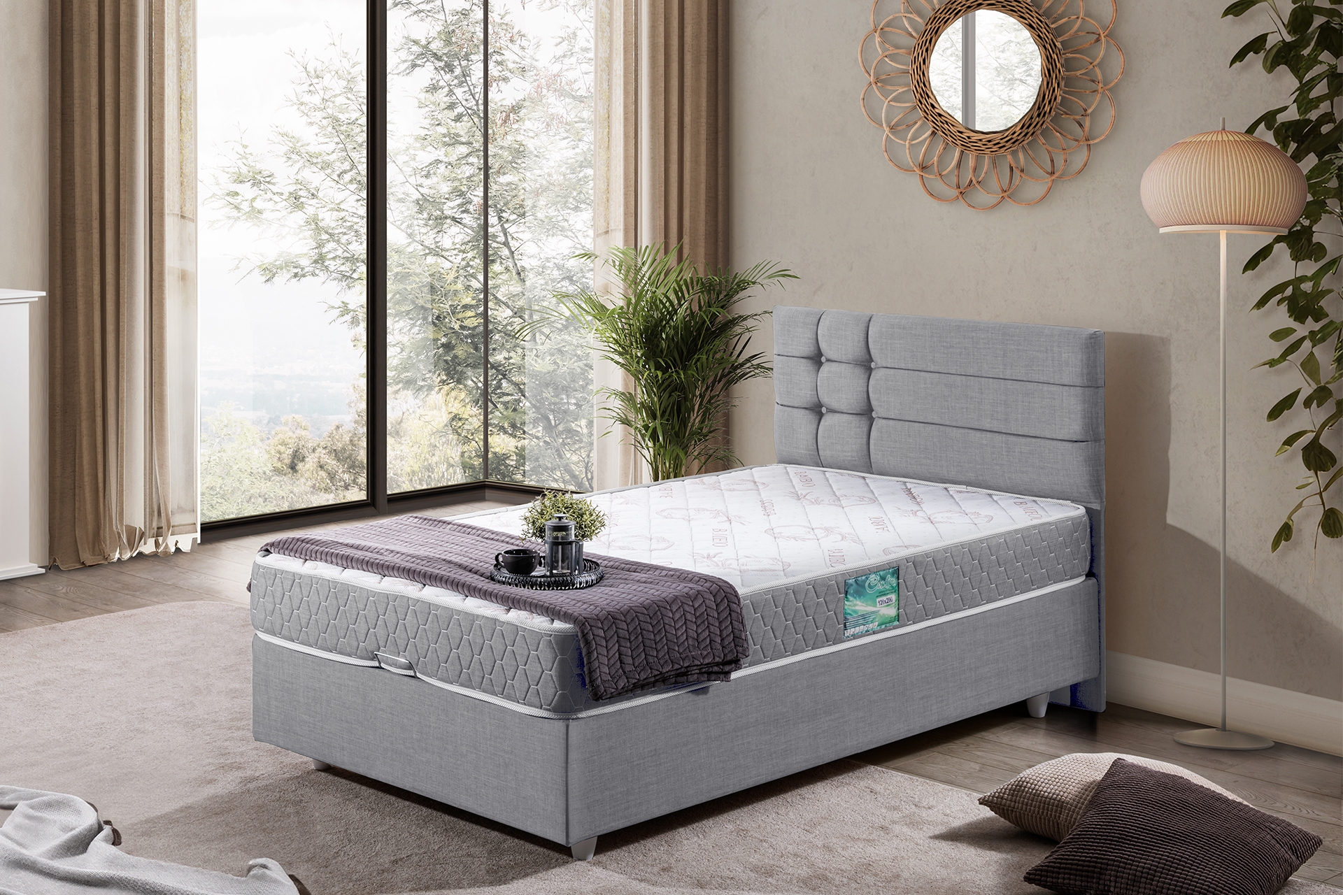 Viyana Baza Başlık Letto Yatak Seti- Açık Gri- 90X200 -1