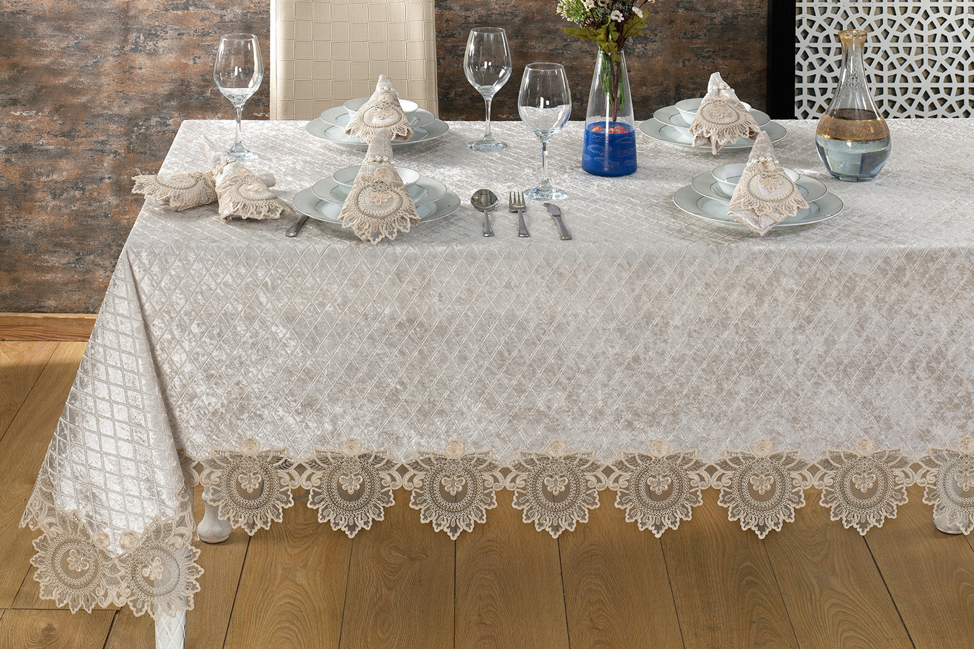 Evlen Re EVLEN HOME 26 PARÇA MASA ÖRTÜSÜ SETİ, GÜPÜRLÜ, BELLA CAPPUCCİNO, 160X260