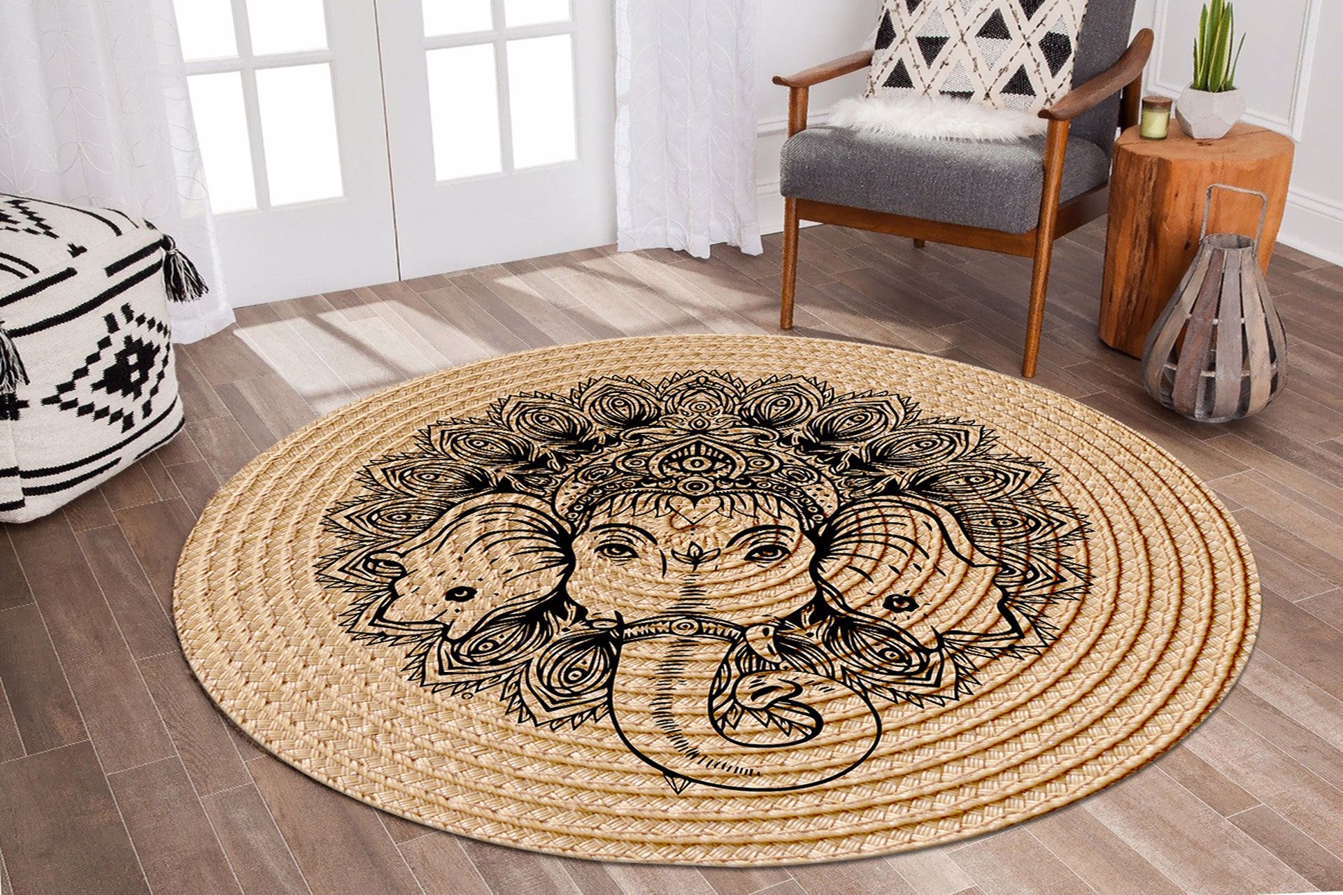 jungle jut hali gorunumlu etnik motifli fil suretli dijital baskili yuvarlak hali 160x160 fiyati vivense