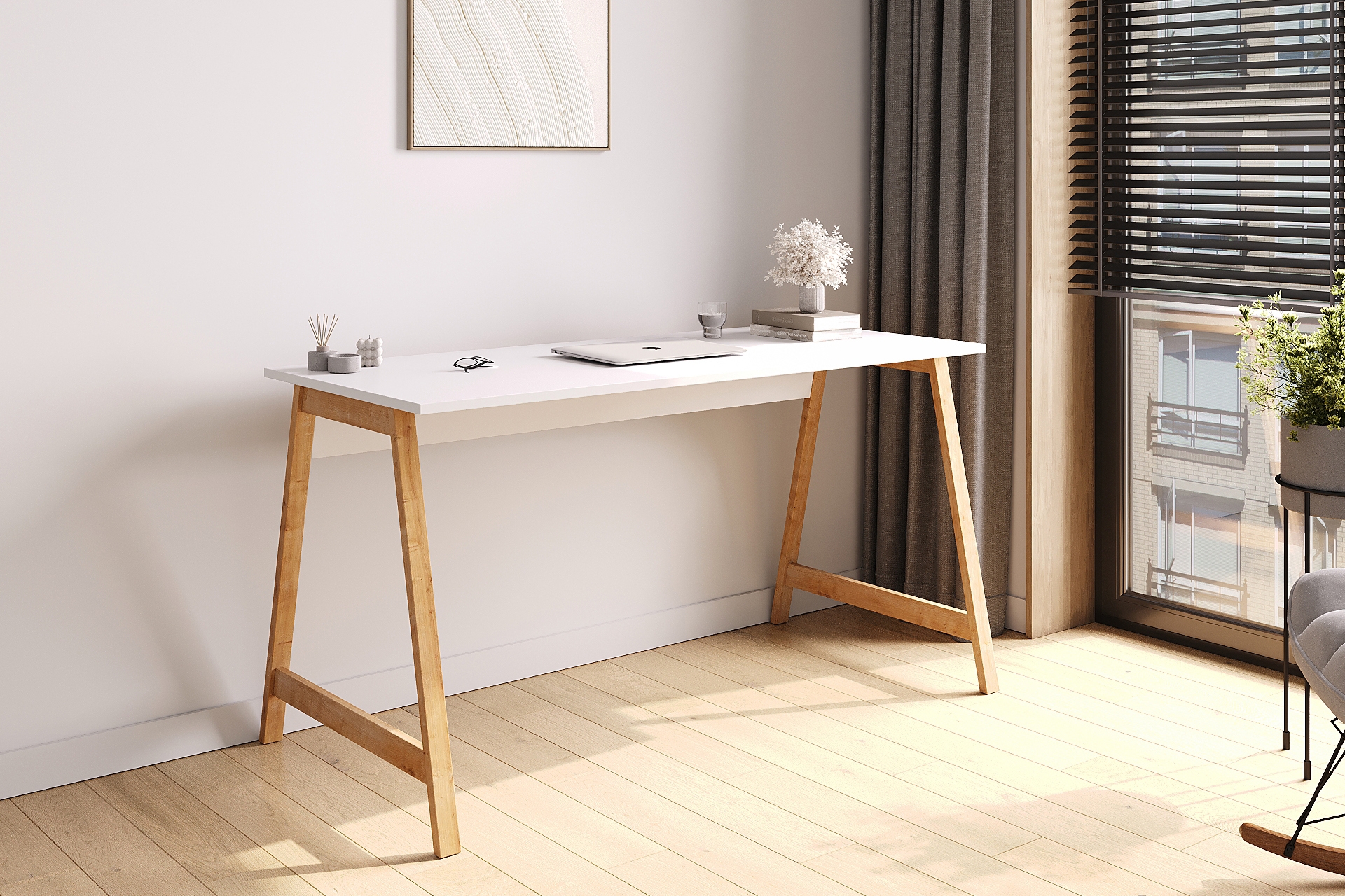 Lagomood Denge Çalışma Masası- Beyaz Meşe 140 Cm -1