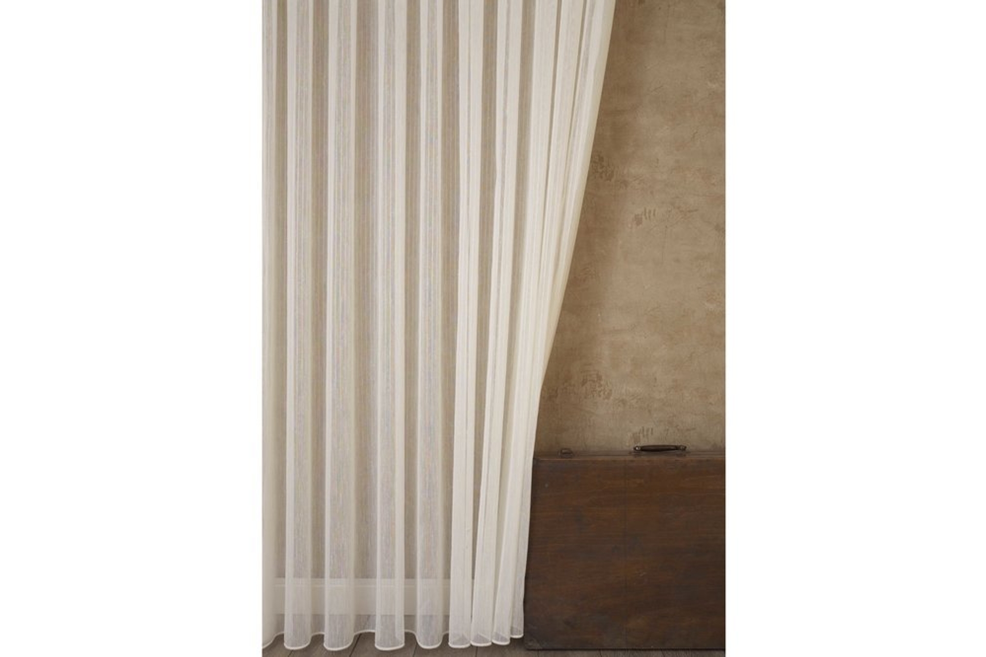 Massarelli İnce Çizgili Şantuklu Tül Krem 1-2 Seyrek Pile 300X260 -1