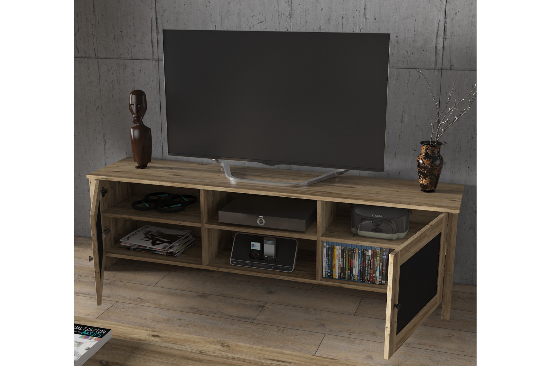 BELİZE LUTON 2 KAPAKLI TV SEHPASI 180 CM ATLANTİK ÇAM SİYAH FİYATI