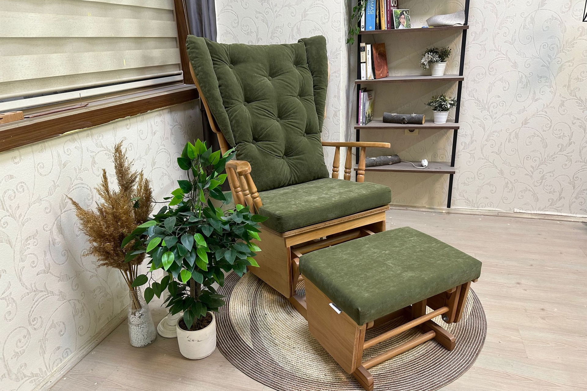 Asedia Mama Puflu Sallanan Sandalye- Yeşil- Naturel Ahşap Ayak - 1
