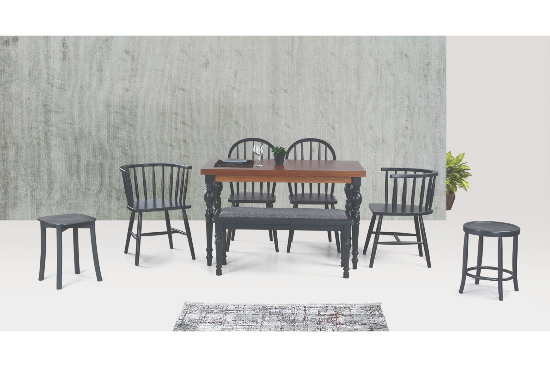 Damla Masa + Sandalye Takımı- Ceviz Antrasit- 125X80 -1