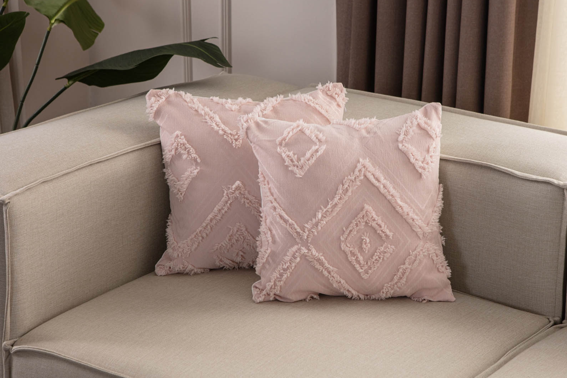 Bohem Püskül Detaylı Kırlent Kılıfı- İkili- Pembe -1