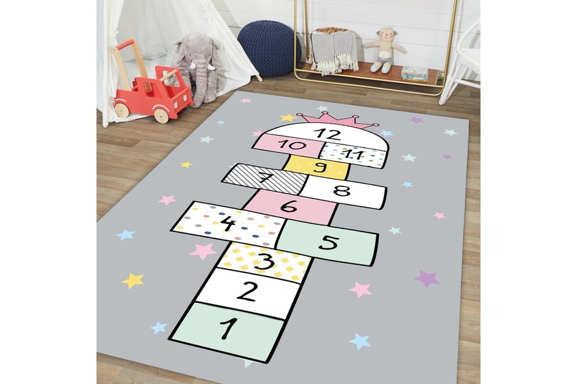 jungle hali gri zemin dekoratif yildizli seksek desenli kiz cocuk oyun halisi 150x230 fiyati vivense