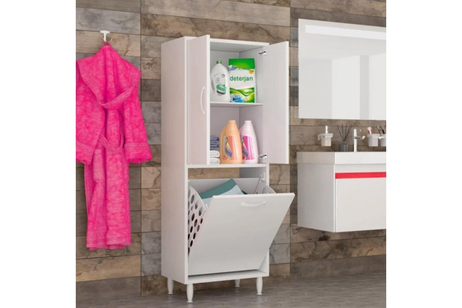 Nisa Kirli Çamaşır Sepetli Banyo Dolabı 2 Kapaklı- Beyaz -1