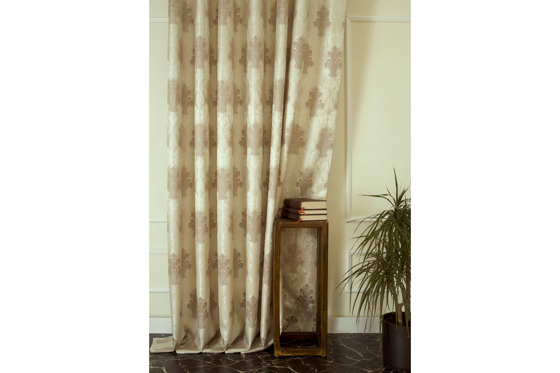 Massarelli Klasik Damask Desen Seyrek Pile Fon Perde- Krem Vizon- 90X260 -1