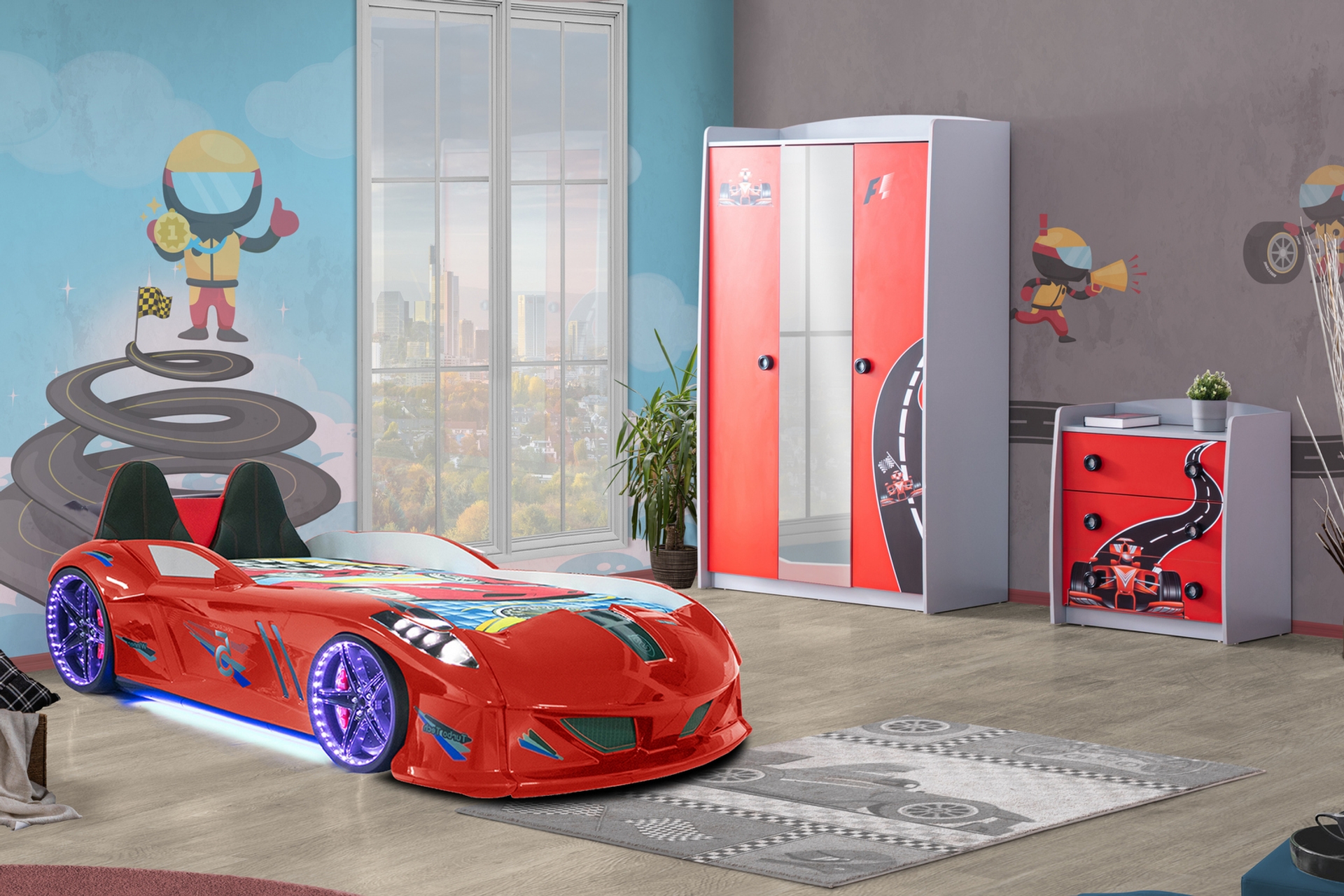 Formula Genç Odası Takımı Kırmızı Jaguar Full Ledli Arabalı Yatak -1