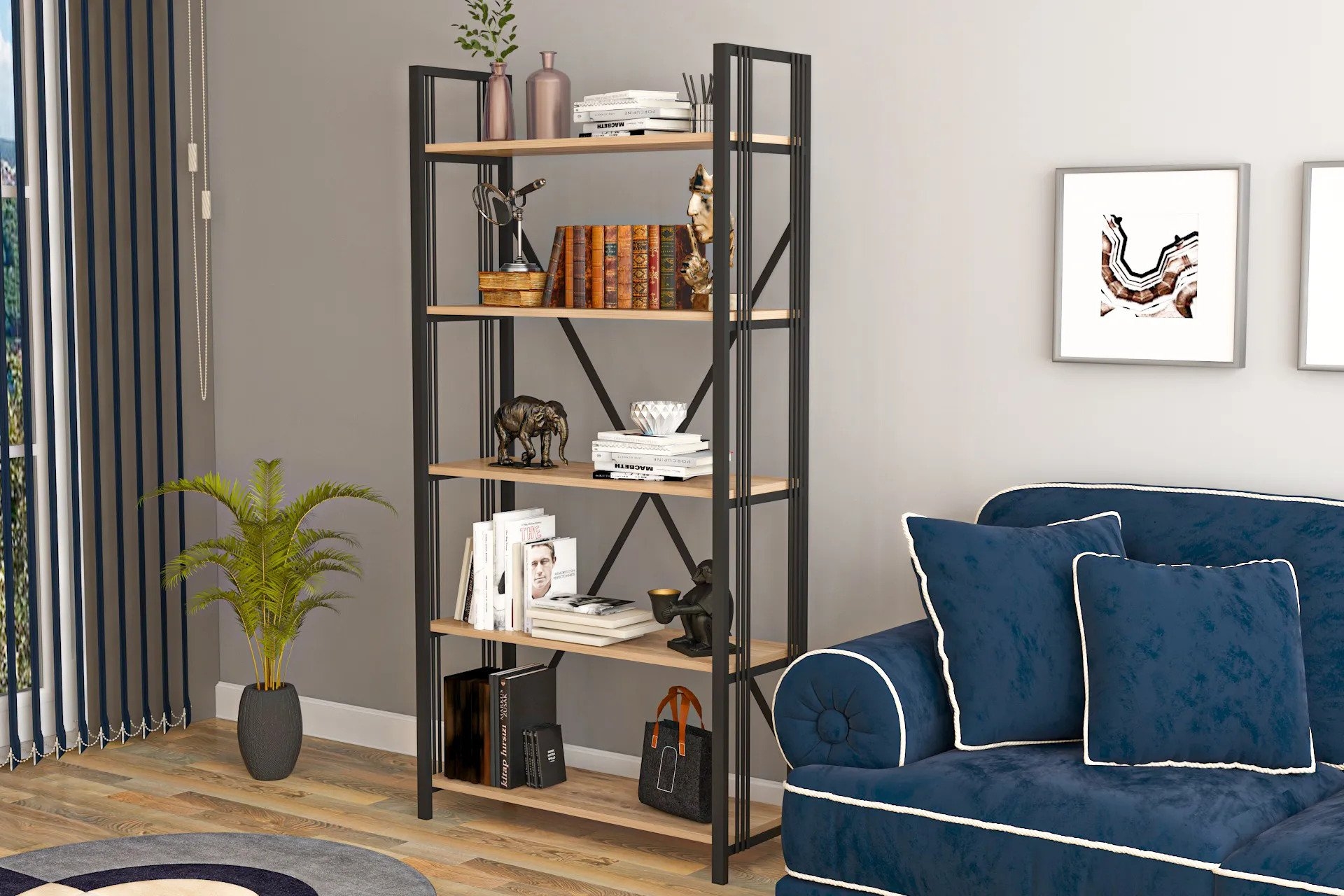 Asel Lux 5 Raflı Metal Kitaplık- Çam -1
