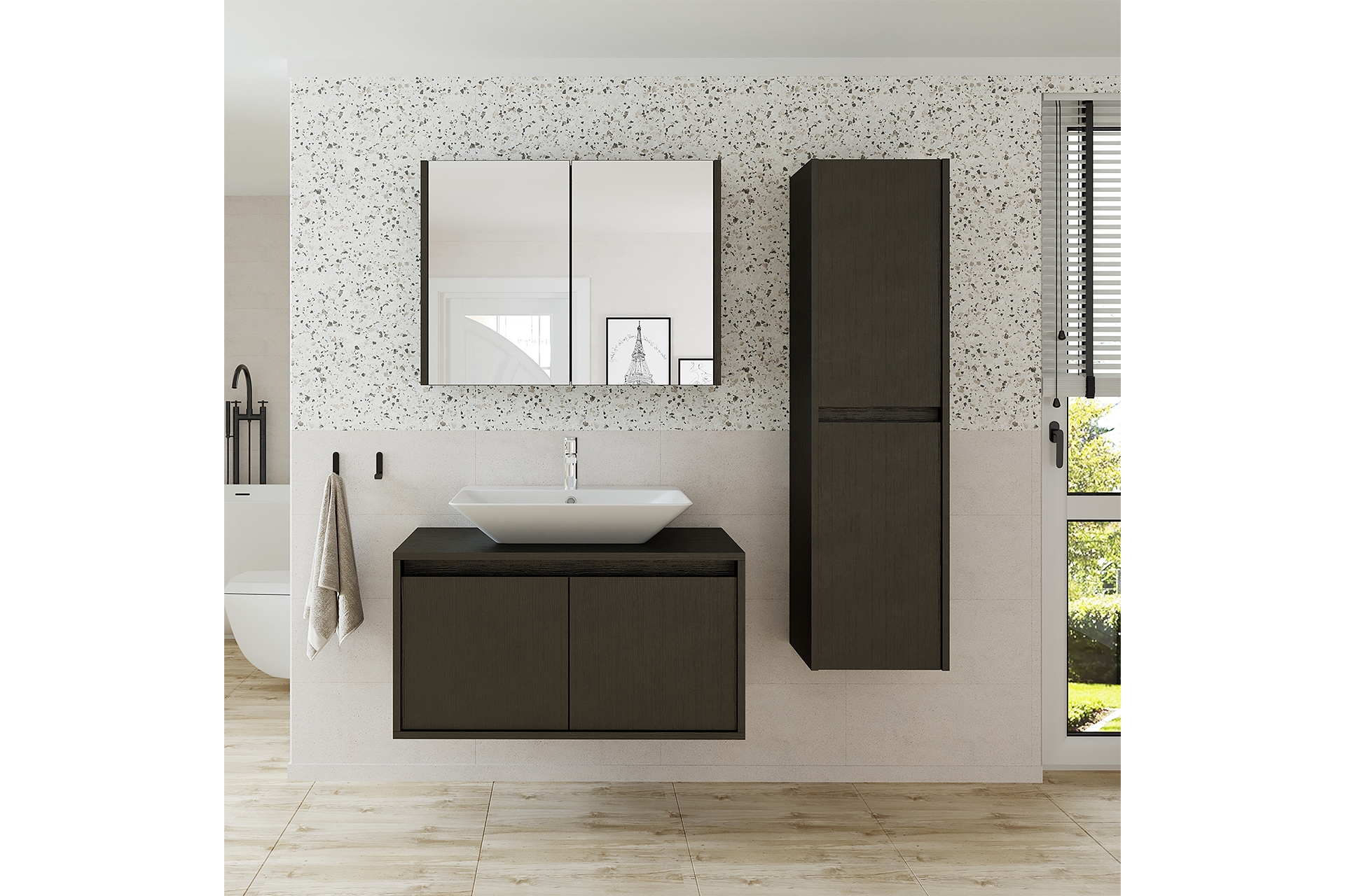 ROOMART LAVABOLU BANYO DOLABI+AYNALI ÜST DOLAP+BOY DOLAP, SİYAH, 85 CM