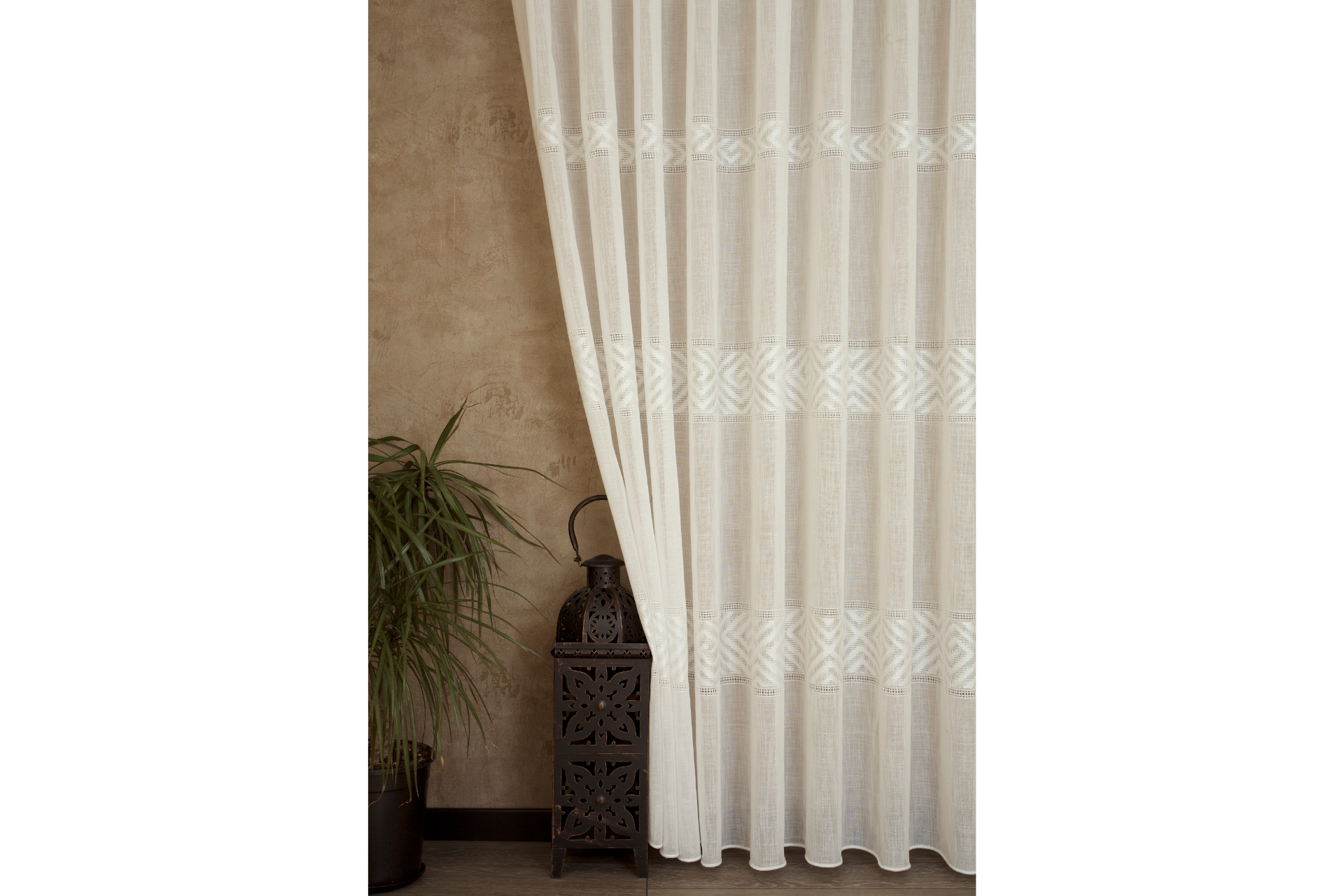 Massarelli Vrc Desen Keten Pilesiz Tül Perde- Ekru- 250X260 -1
