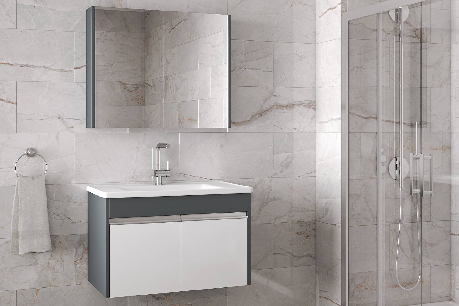 ALFA VİSENTE-EA AYNALI LAVABOLU BANYO DOLAP TAKIMI, 80 CM