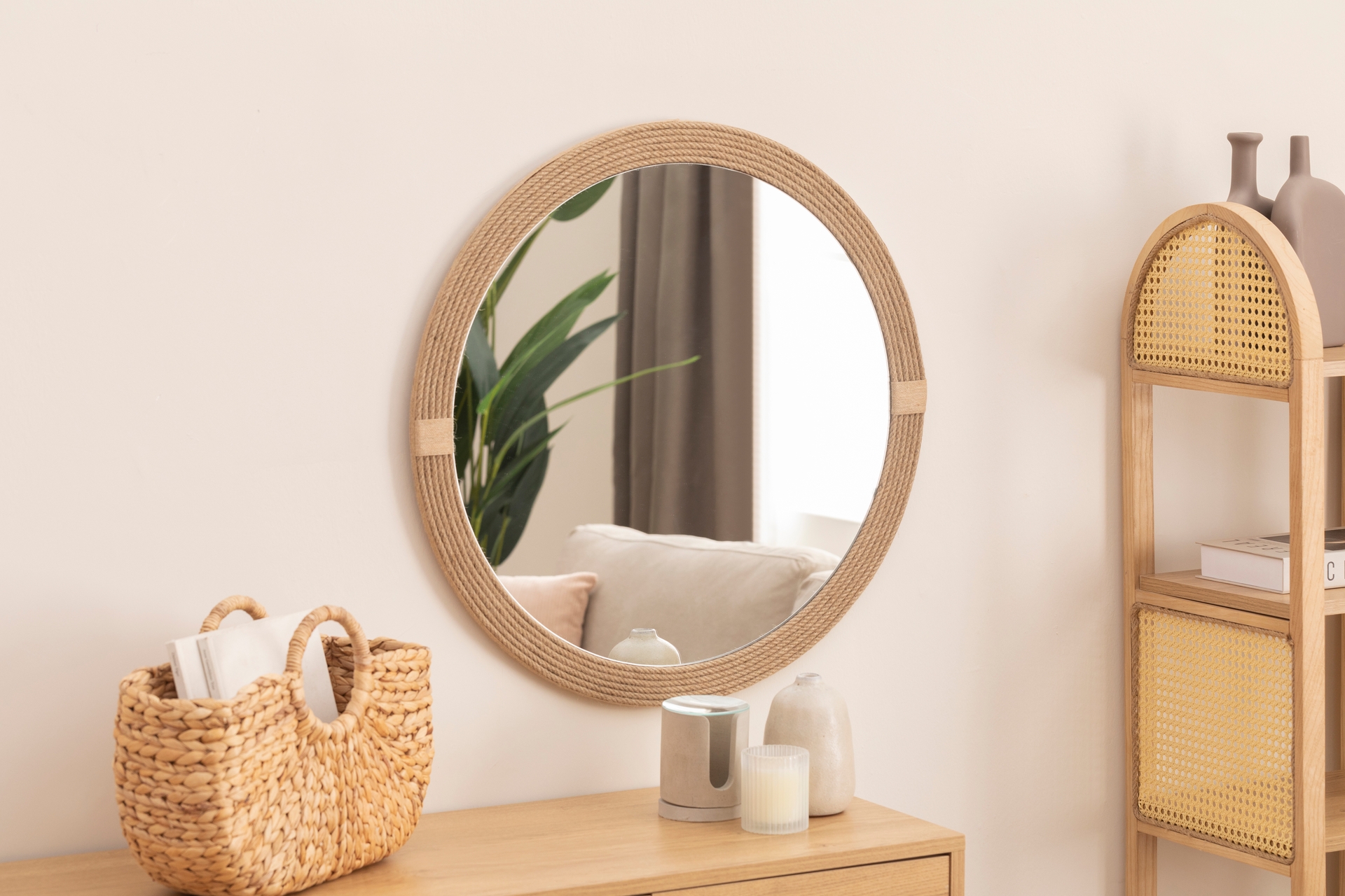 Dfn Wood Jut Halatlı Yuvarlak Dekoratif Duvar Aynası- 70X70 -1