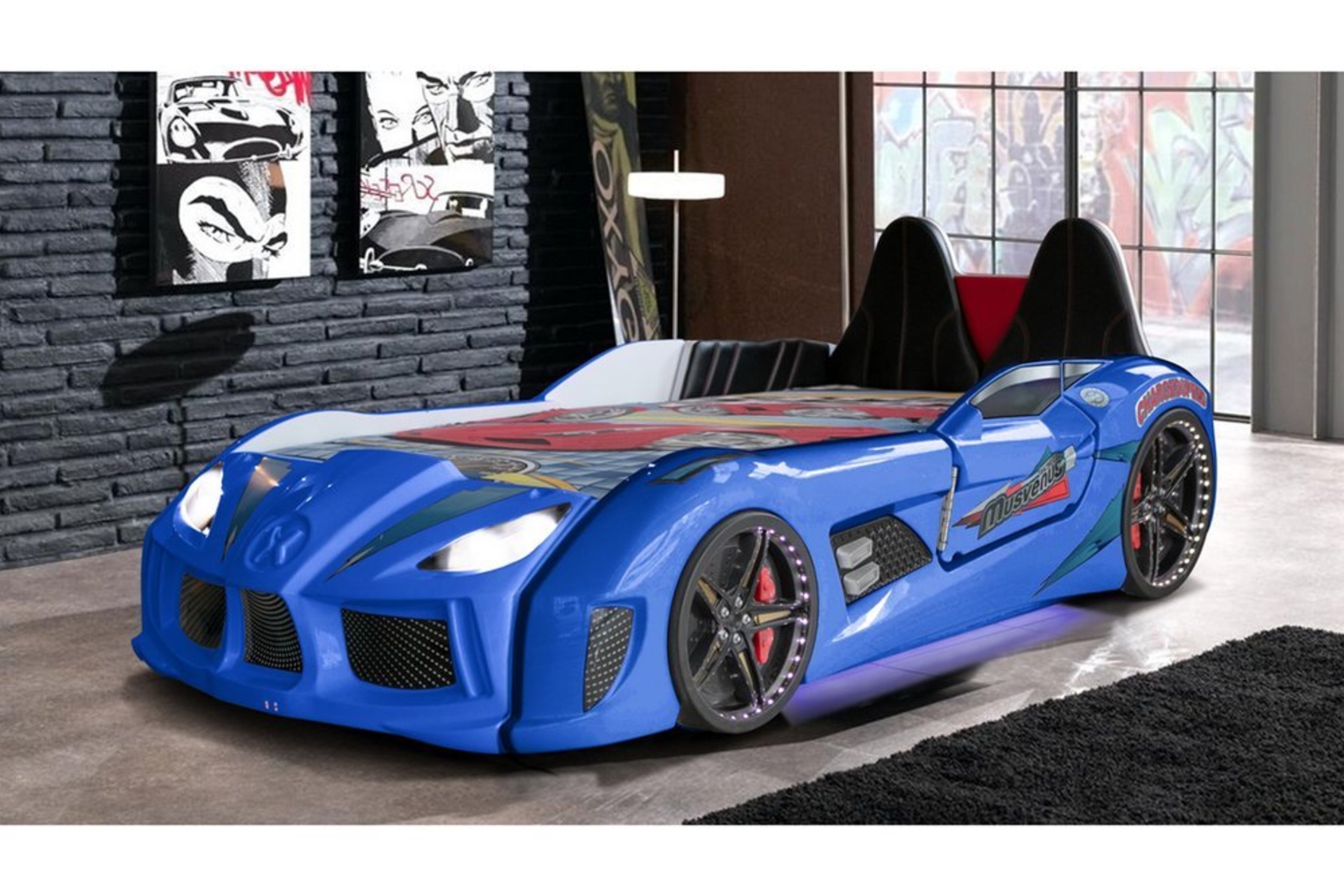Audi Kapıları Açılabilen Full Ledli Koltuklu Arabalı Yatak- Mavi- 90X190 -1