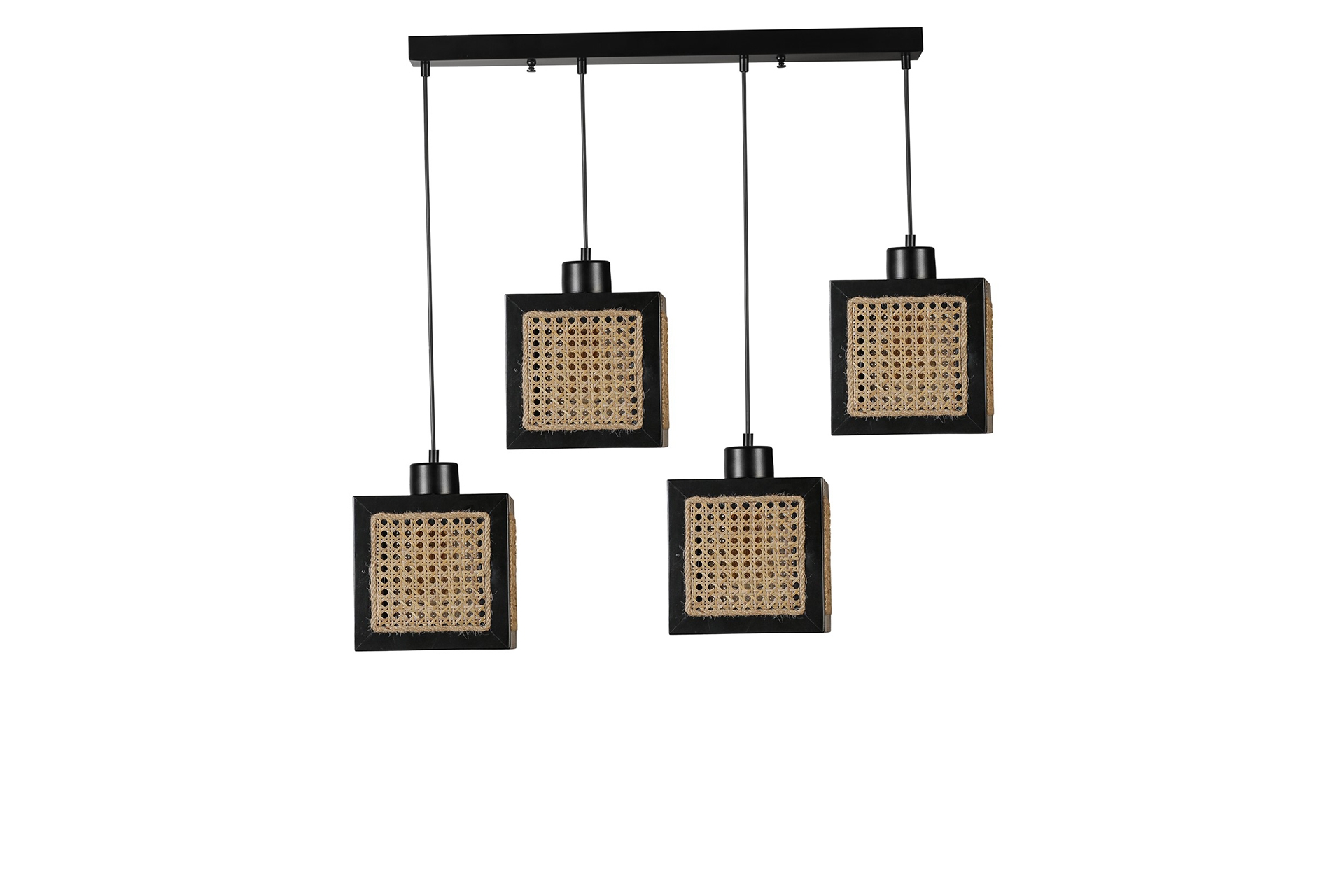 Kumsal Dörtlü Sıralı Rattan Avize- Siyah - 1