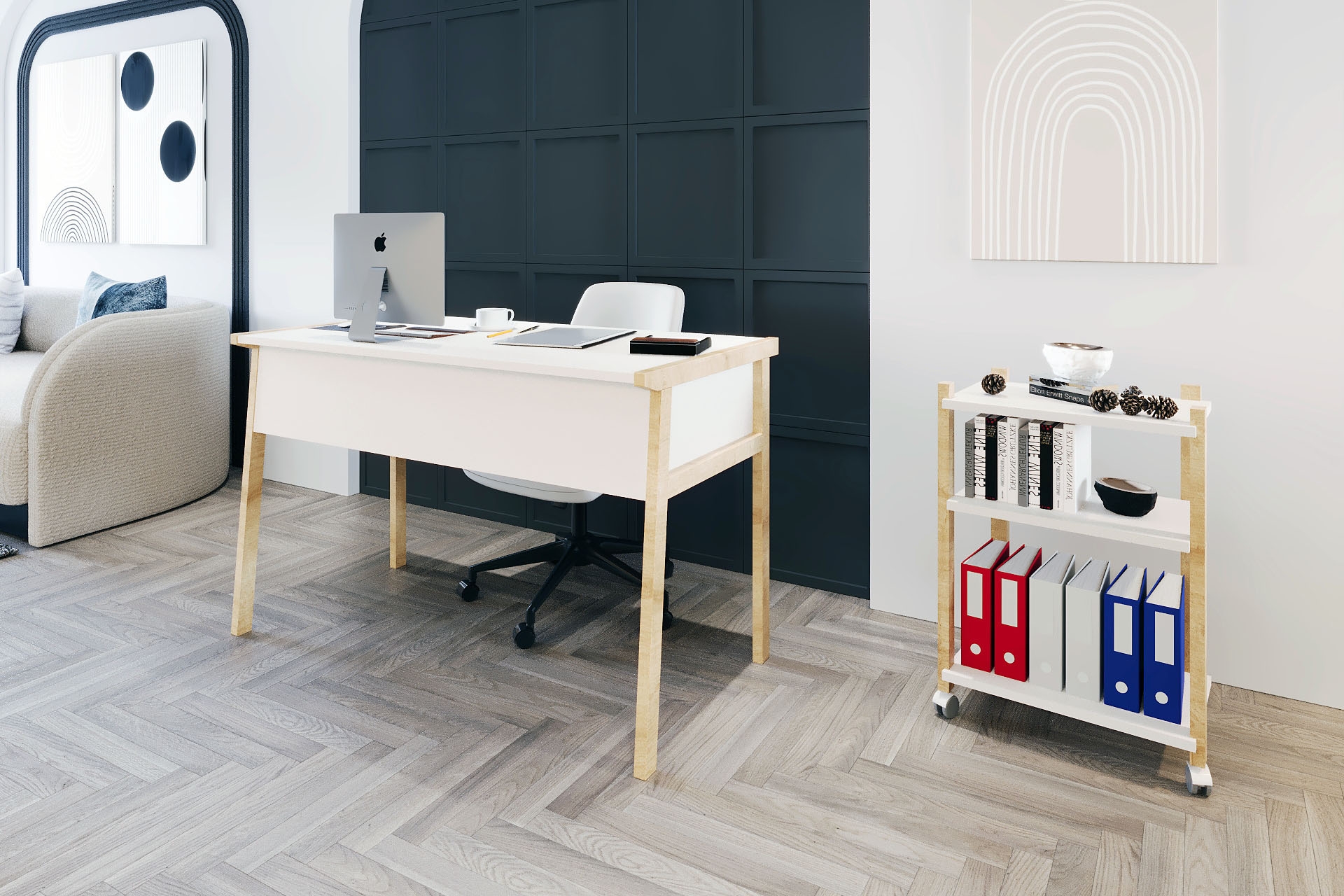 Lagomood Zenith Çalışma Masası Kitaplık Takım- Beyaz Meşe- 120Cm -1