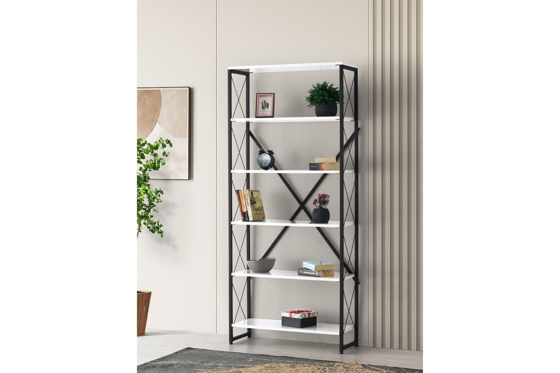 Ferforje Ahşap 5 Raflı Kitaplık- Beyaz- 80X30X180 -1