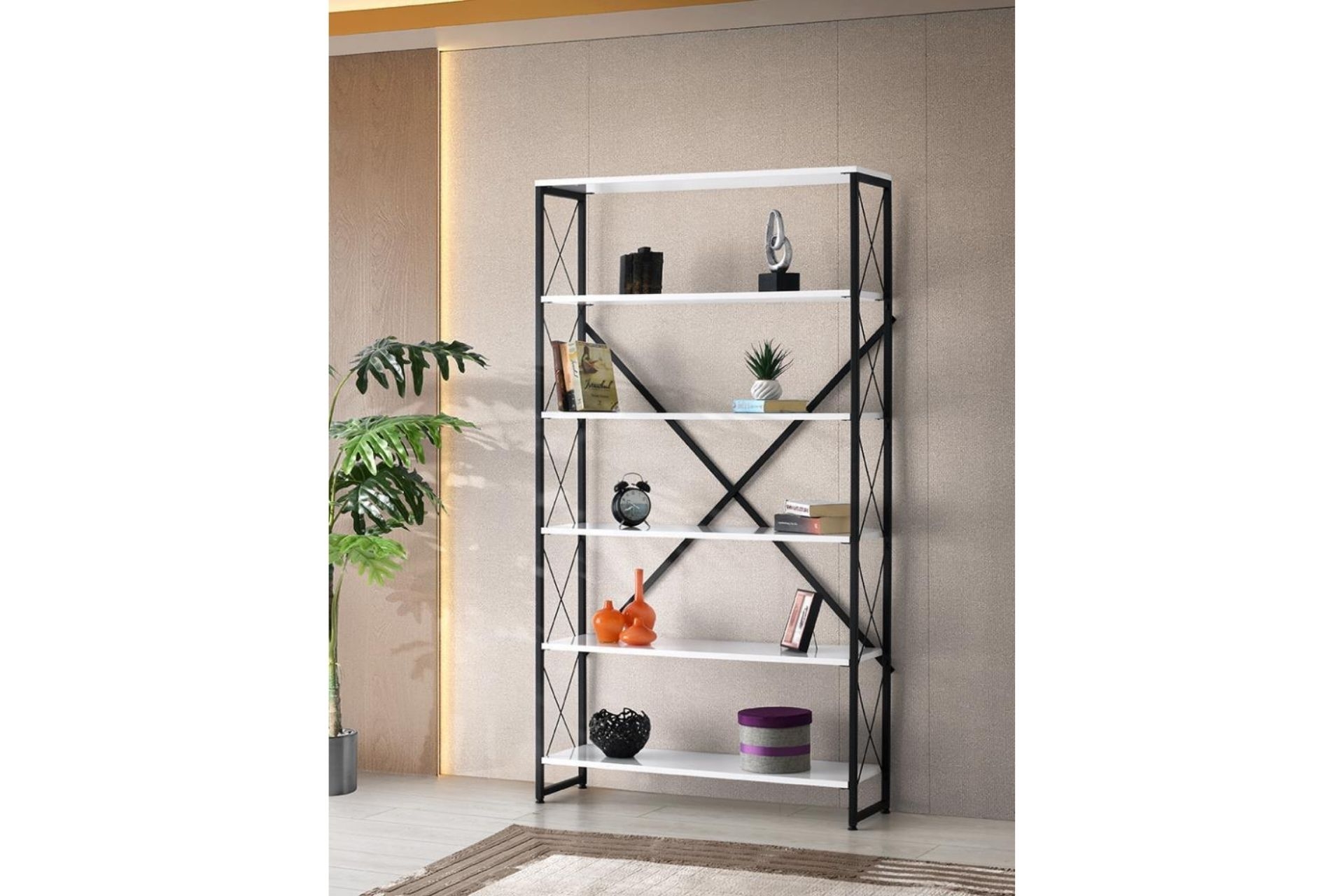 Ferforje Ahşap 5 Raflı Kitaplık- Beyaz- 100X30X180 - 1