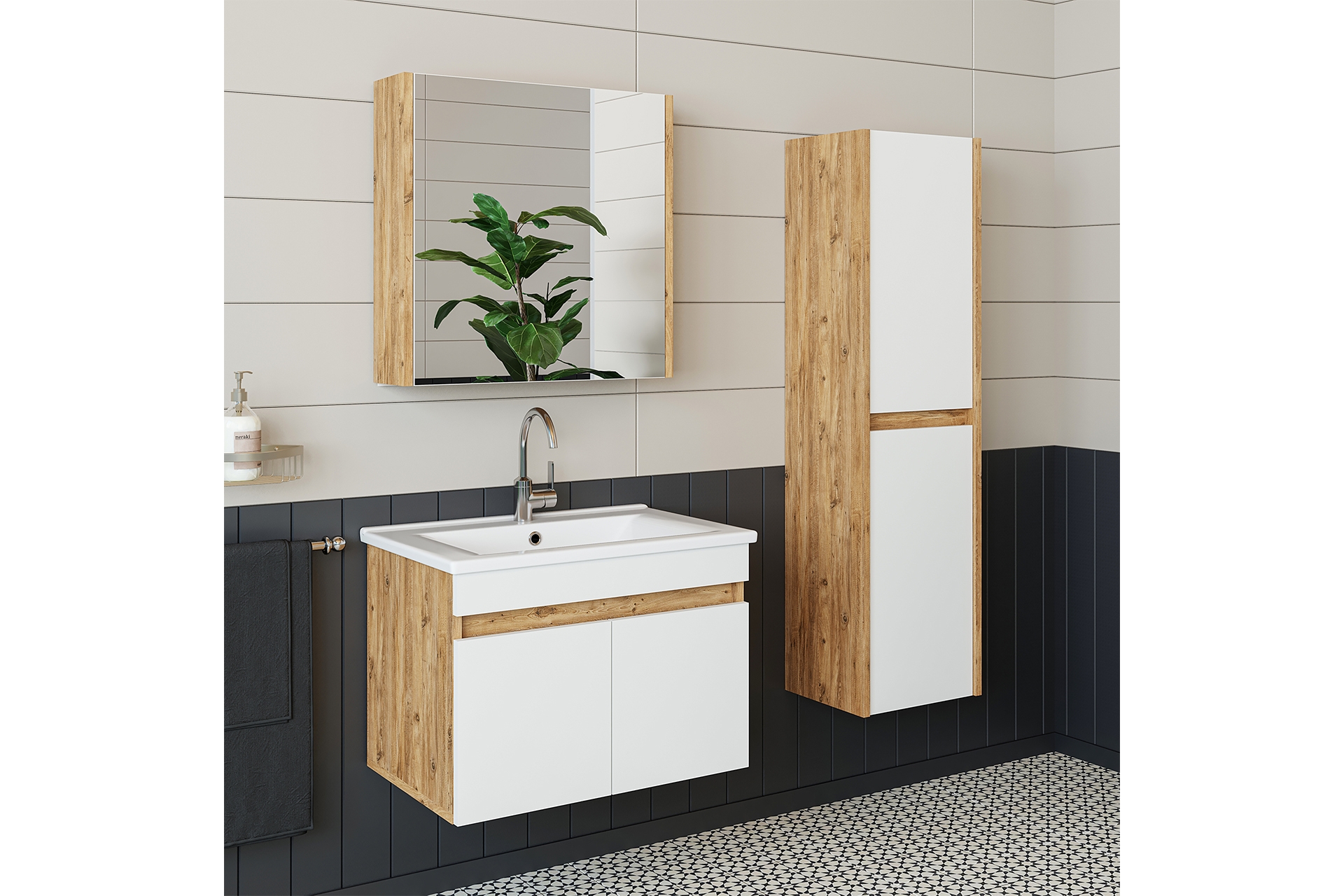 ROOMART BANYO ALT DOLAP+AYNALI ÜST DOLAP+BOY DOLAP, LAVABOLU, ATLANTİK ...
