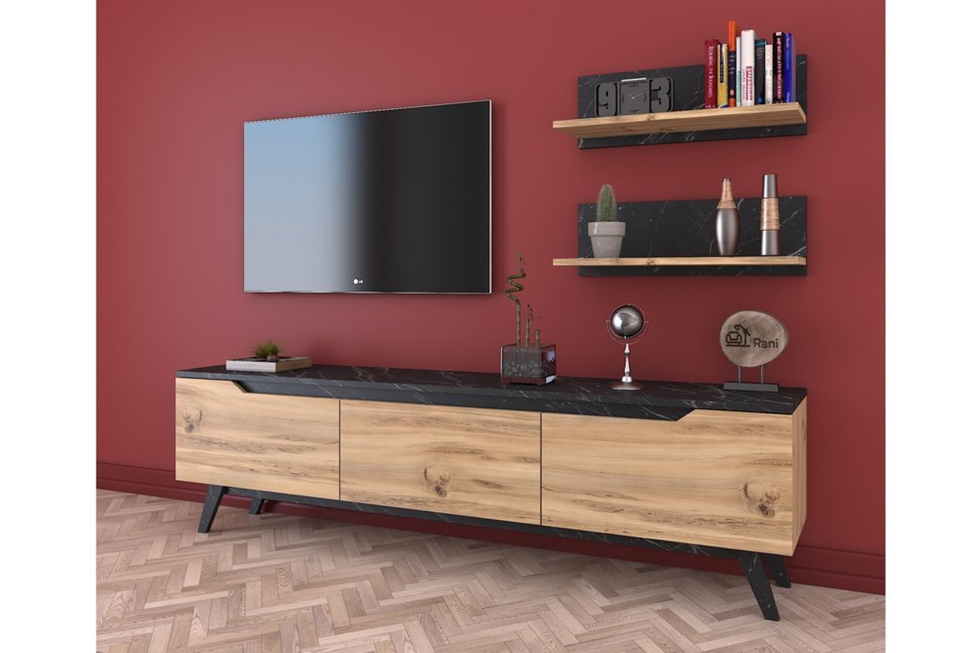 Rani D1 Duvar Rafli Kitaplikli Tv Unitesi Ahsap Ayakli Mermer Desenli M48 Fiyati Vivense