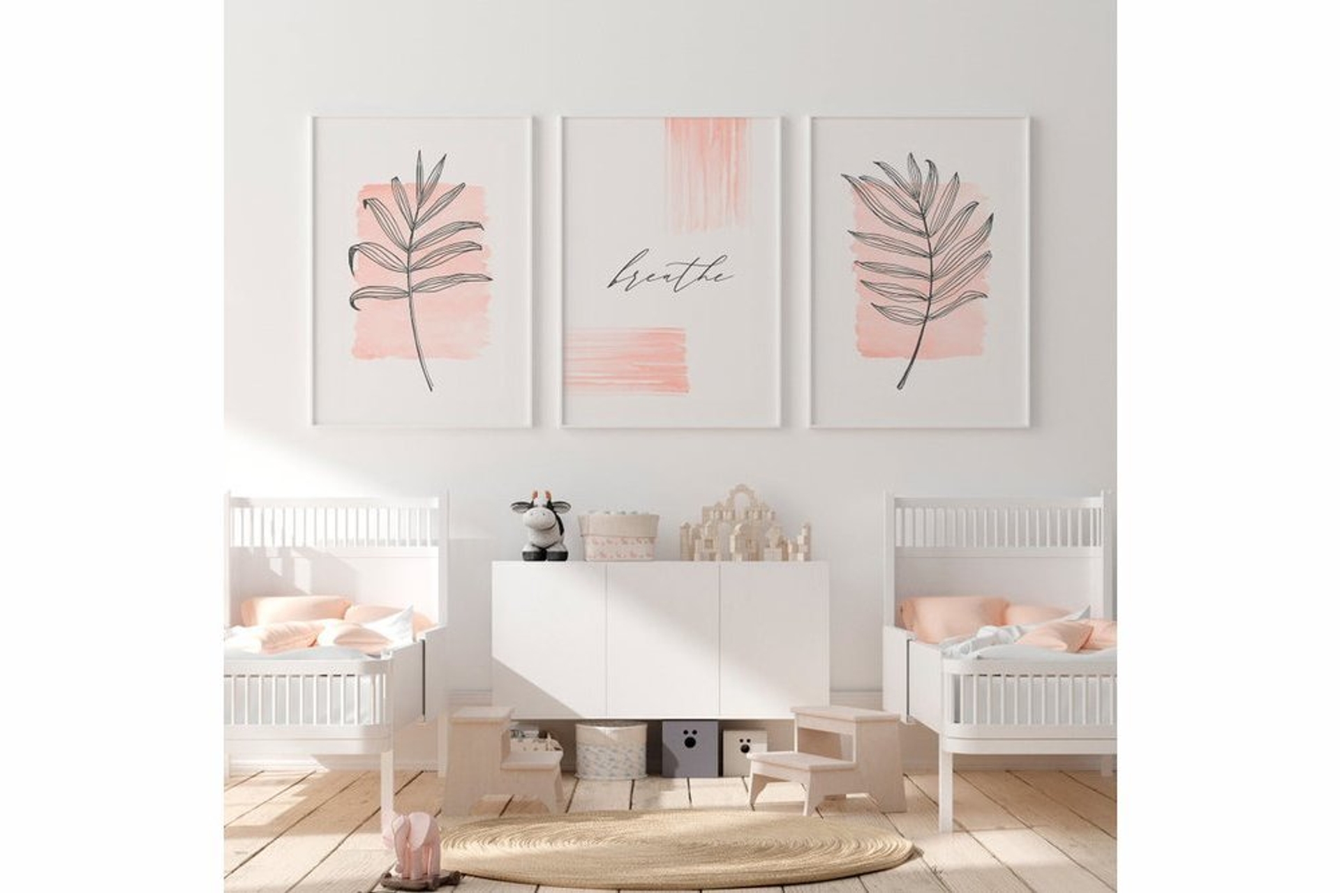 YATAK ODASI PEMBE HEALTY YAPRAKLI TABLO SETİ 50X70 BEYAZ