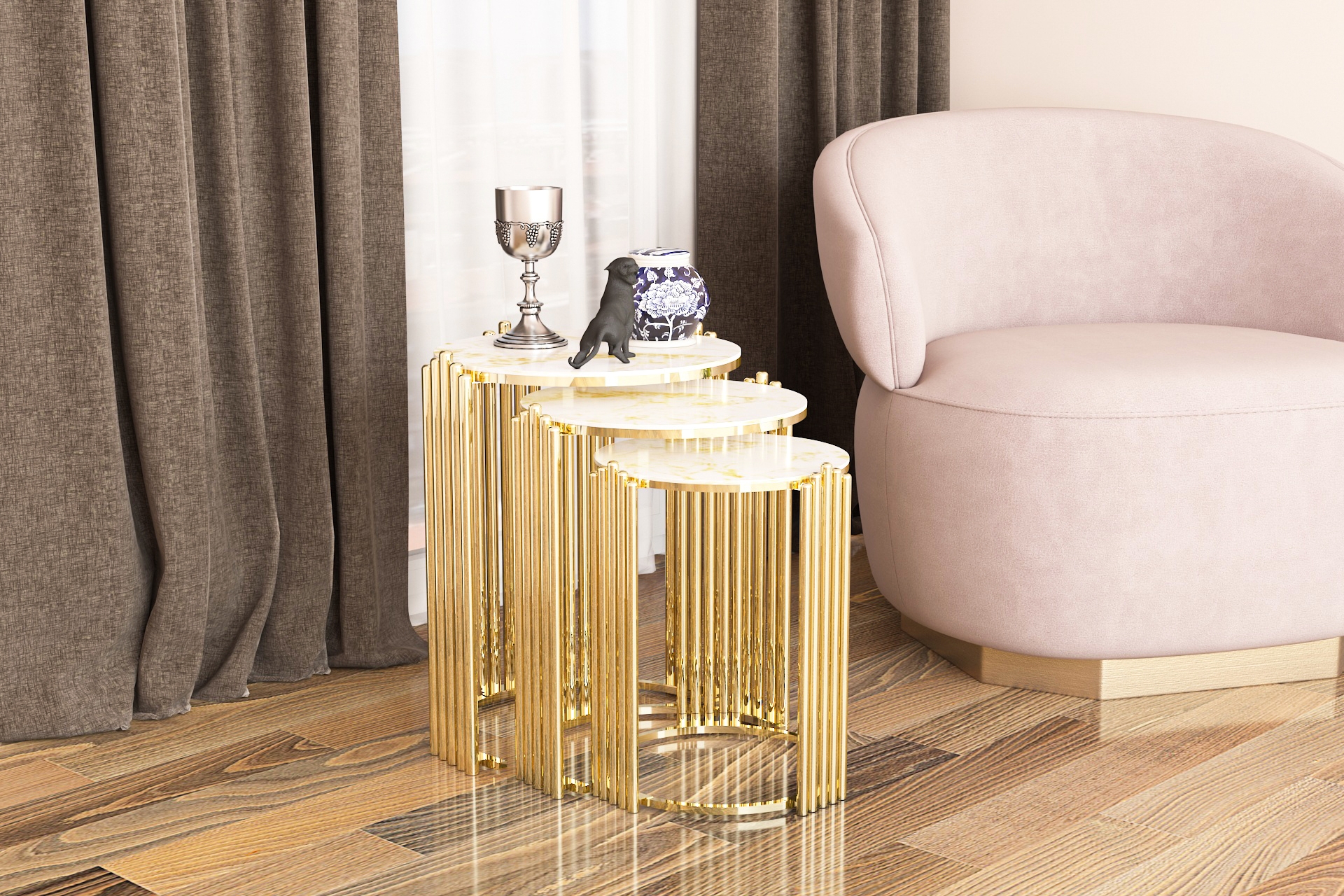 WOOD HOUSE ROSA ÜÇLÜ ZİGON SEHPA GOLD FİYATI Vivense