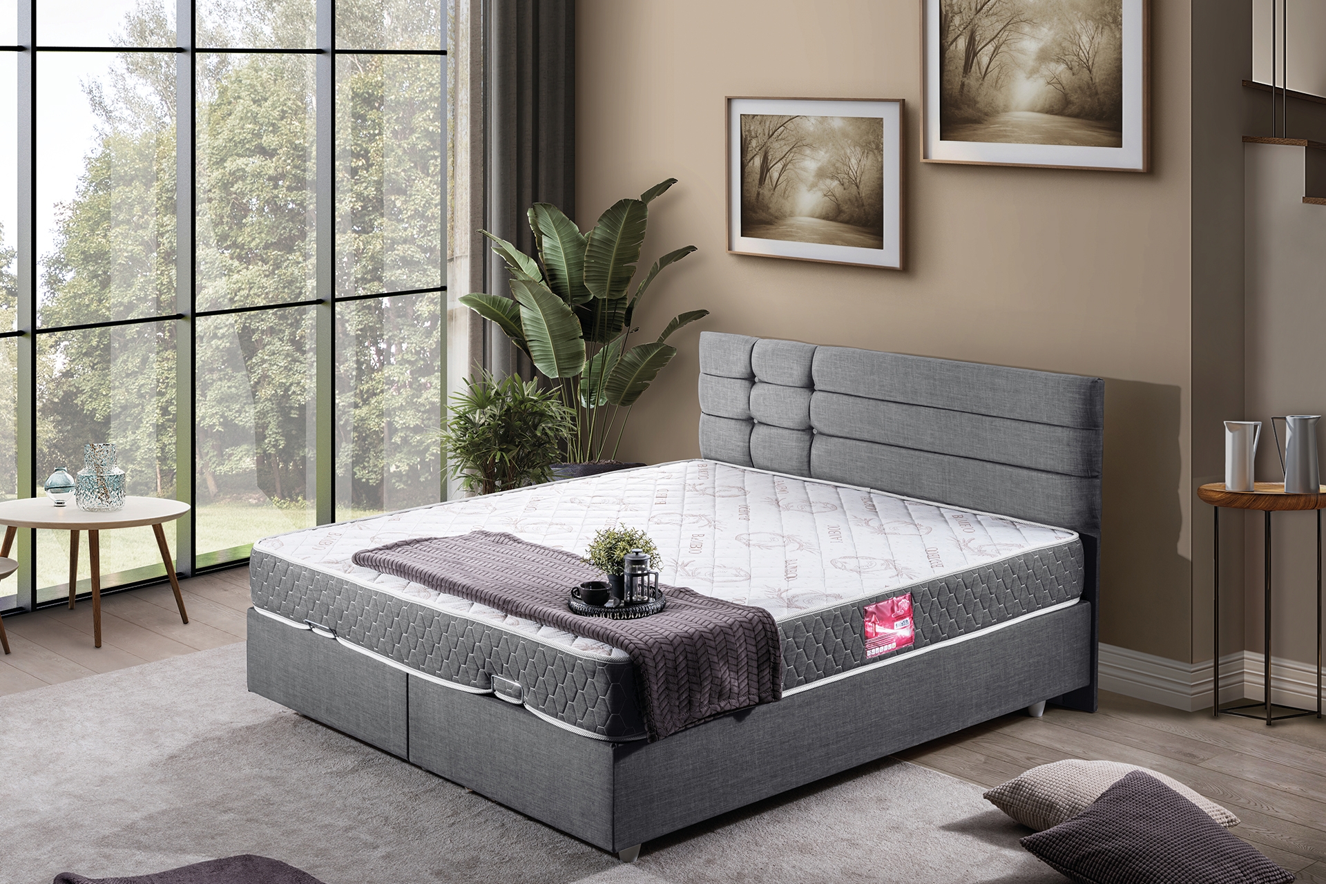 Viyana Baza Başlık Letto Yatak Seti- Gri- 160X200 -1