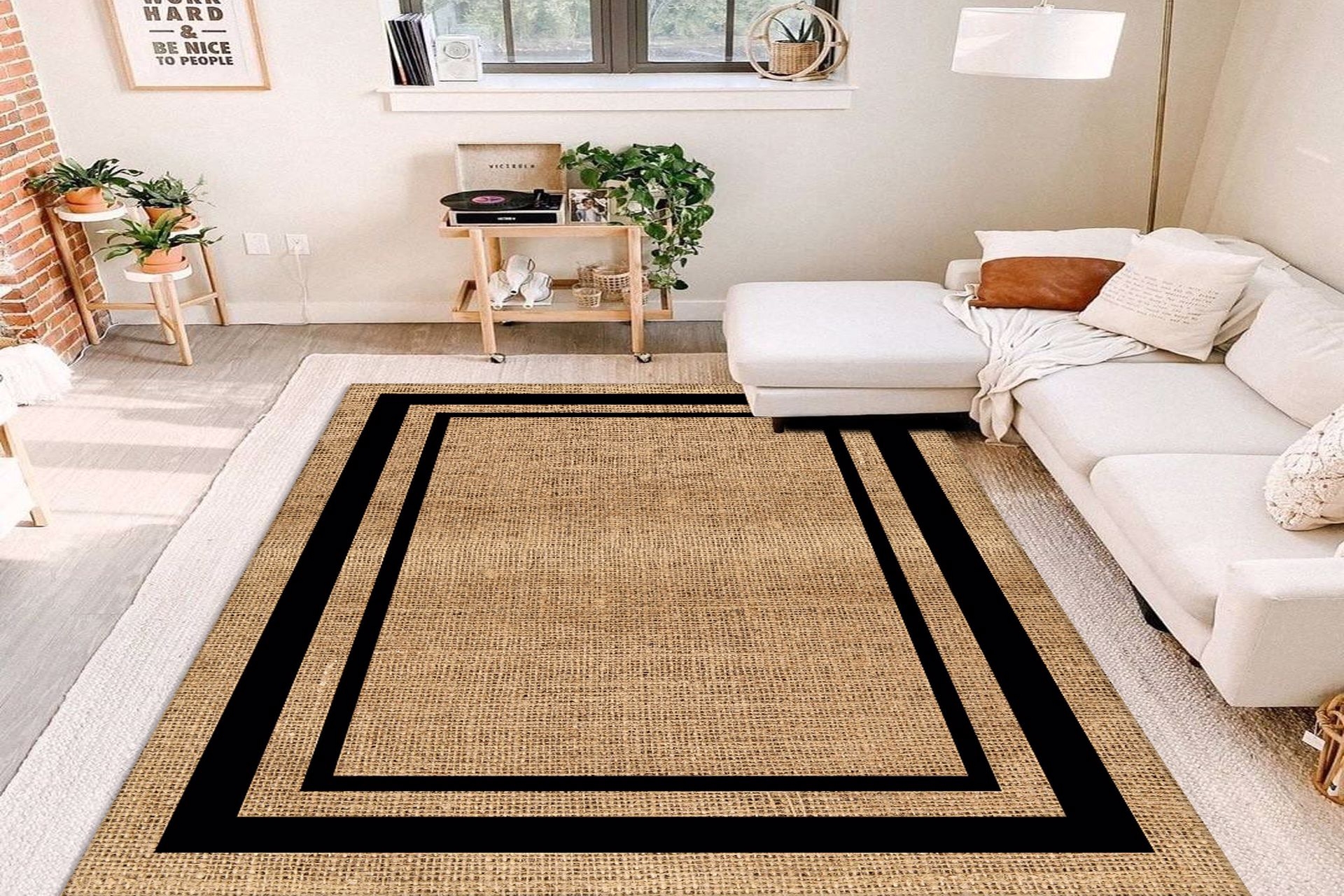 jungle jut hasir gorunumlu siyah cerceveli dijital baskili hali 100x150 fiyati vivense