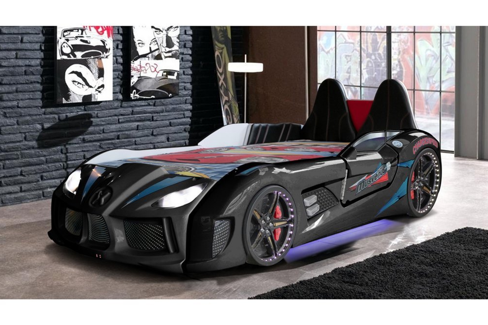 Audi Kapıları Açılabilen Full Ledli Koltuklu Arabalı Yatak- Siyah- 90X190 -1