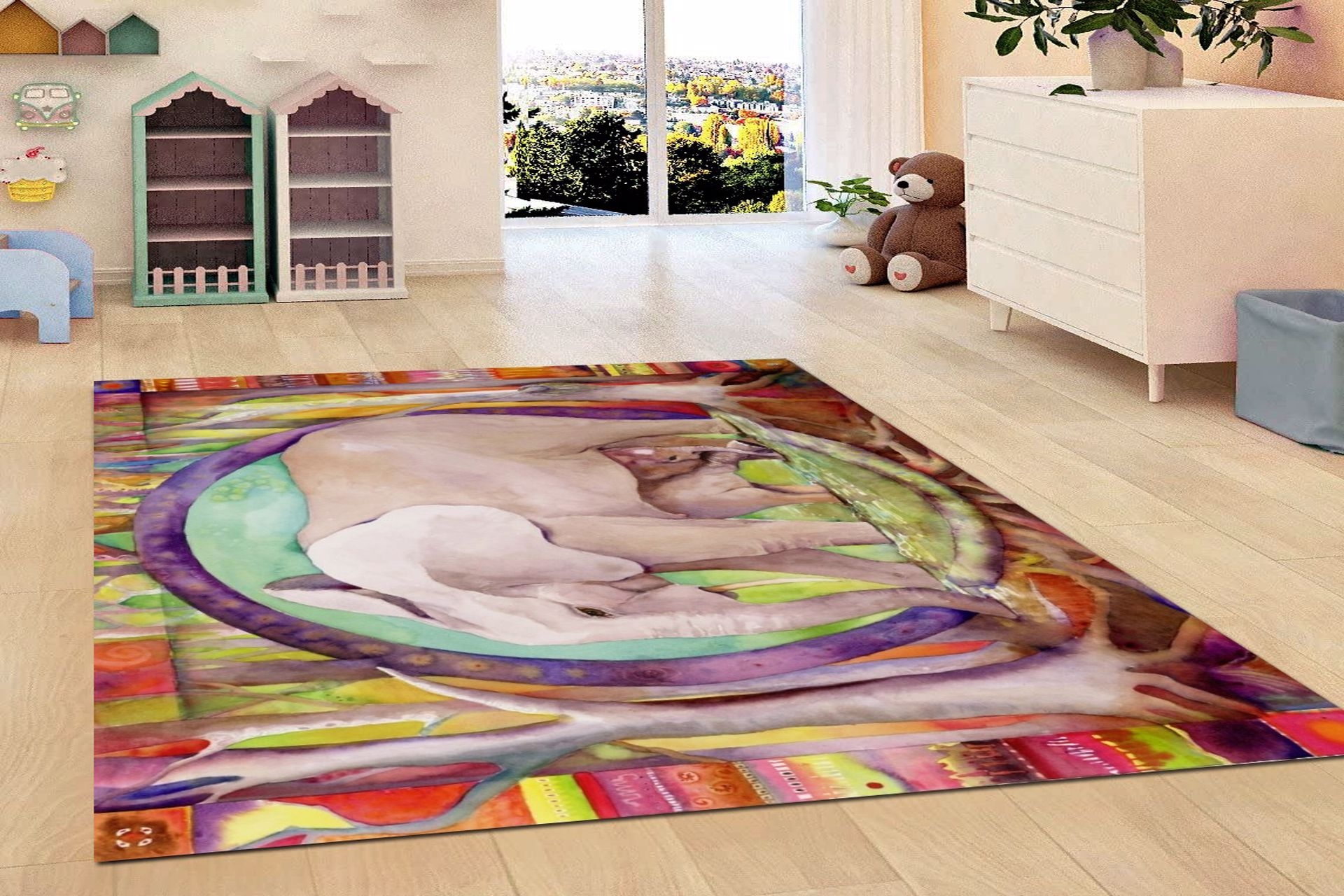 jungle renkli tabanli anne ve yavru fil desenli dijital baskili hali 120x175 fiyati vivense