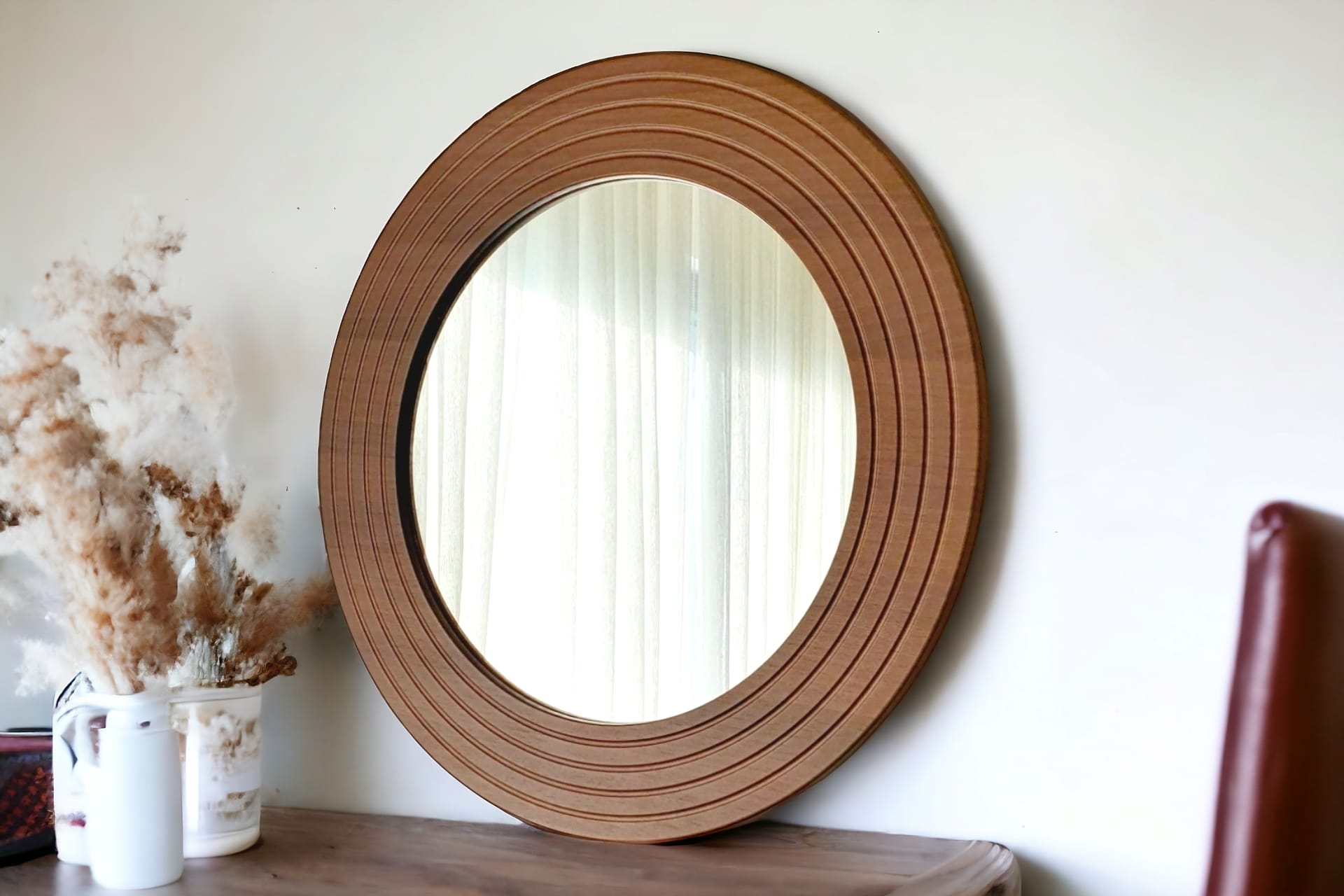 Dfn Wood Ahşap Görünümlü Mdf Yuvarlak Duvar Aynası- 70X70 -1