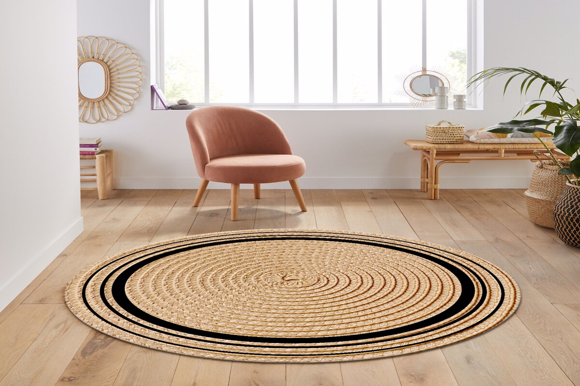 jungle jut hasir gorunumlu siyah cerceveli dijital baskili yuvarlak hali 160x160 fiyati vivense