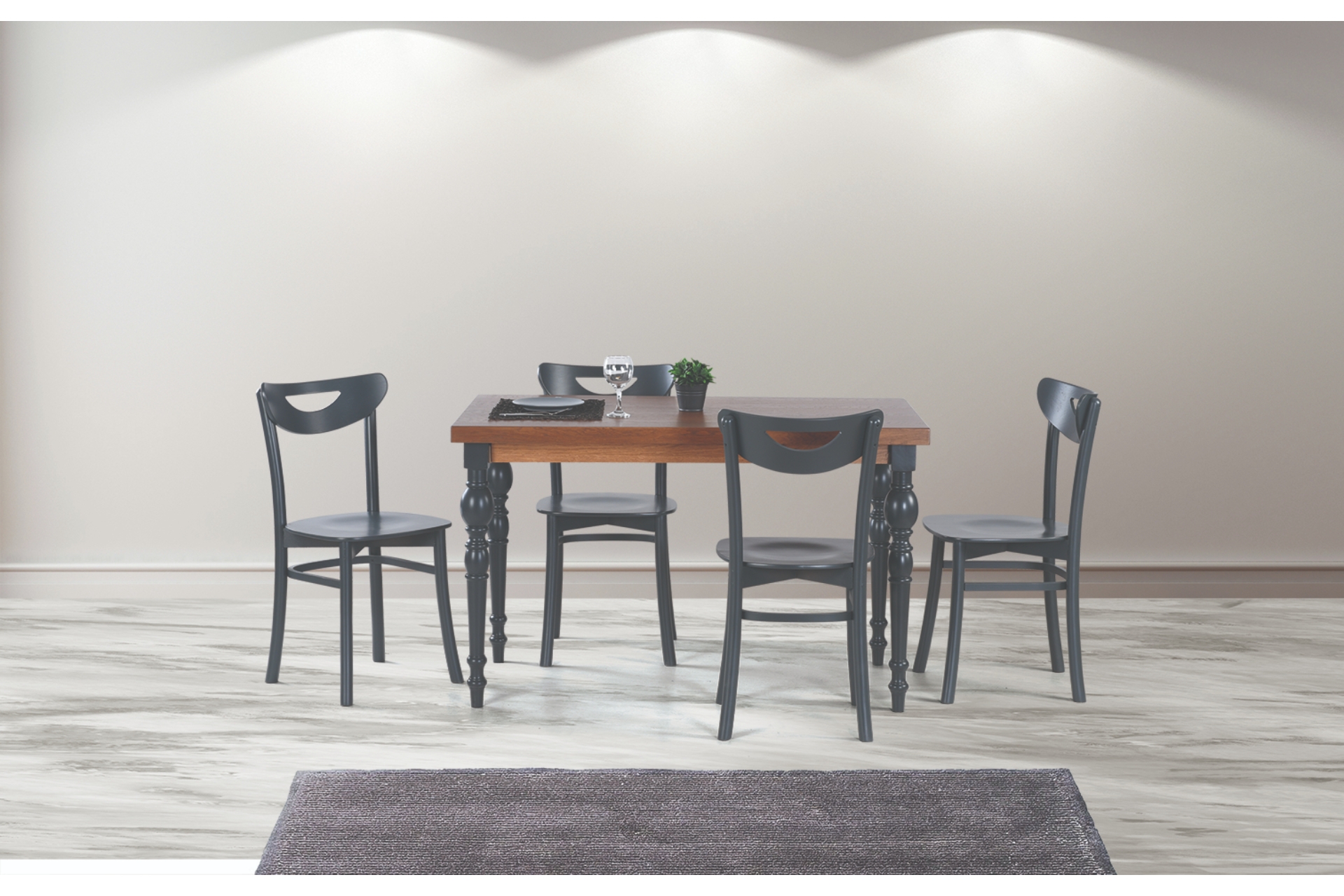 Damla Sabit Masa Ve Alman Sandalye Takımı- Ceviz Antrasit- 125X80 -1