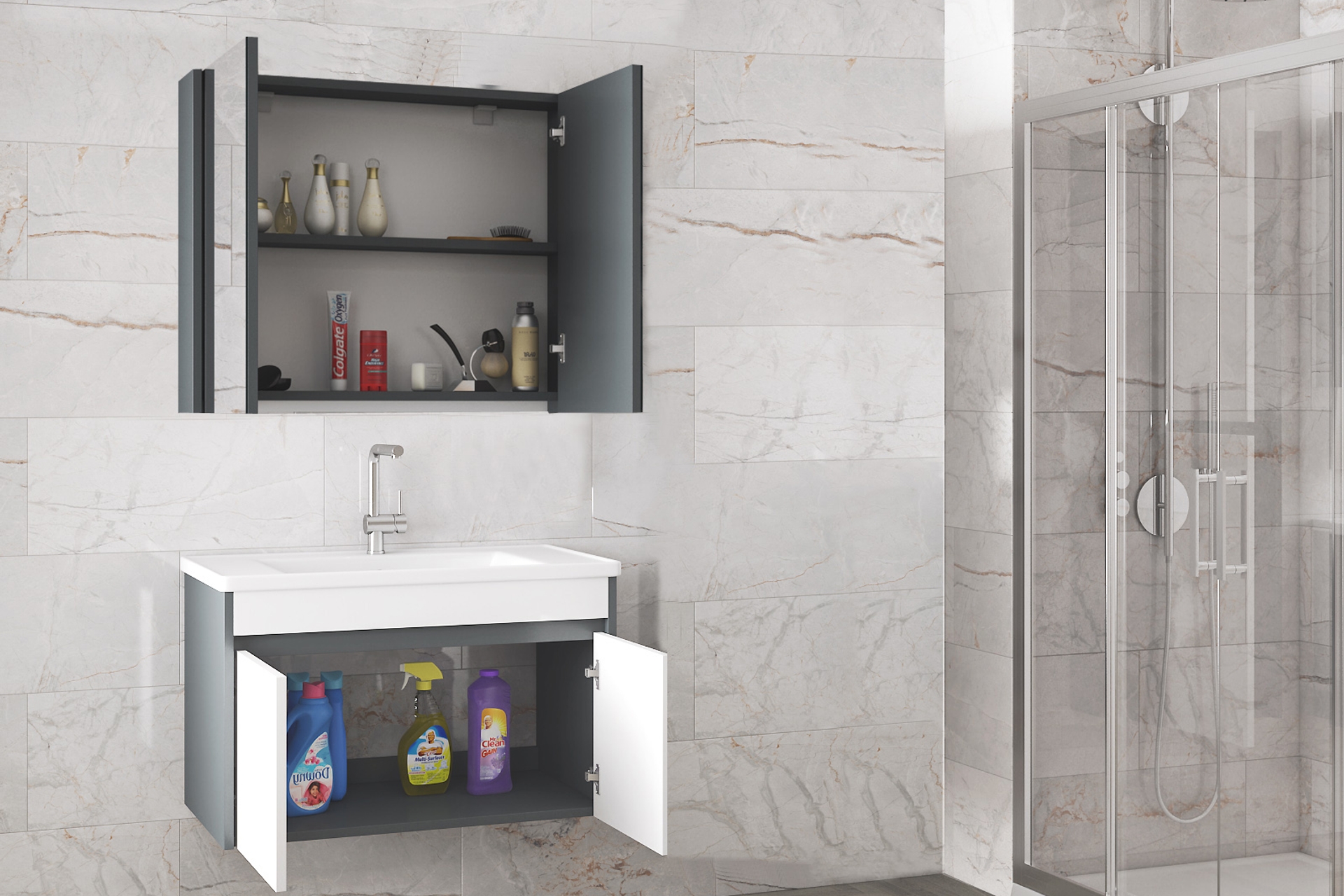 ALFA ESTELLA-EA AYNALI LAVABOLU BANYO DOLAP TAKIMI, 80 CM