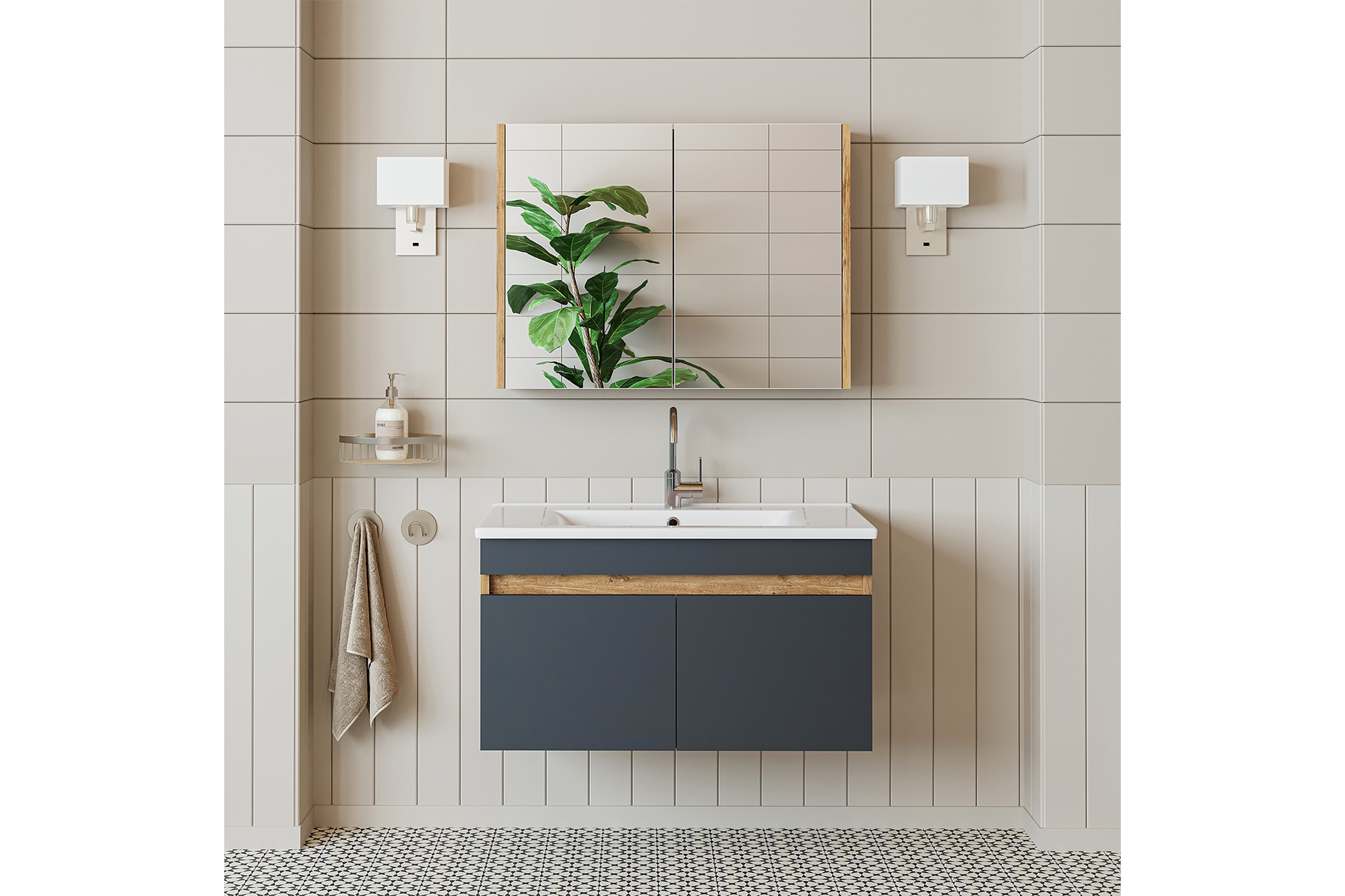 ROOMART ALT DOLAP VE AYNALI ÜST DOLAP, LAVABOLU, ATLANTİK MAT, 85 CM
