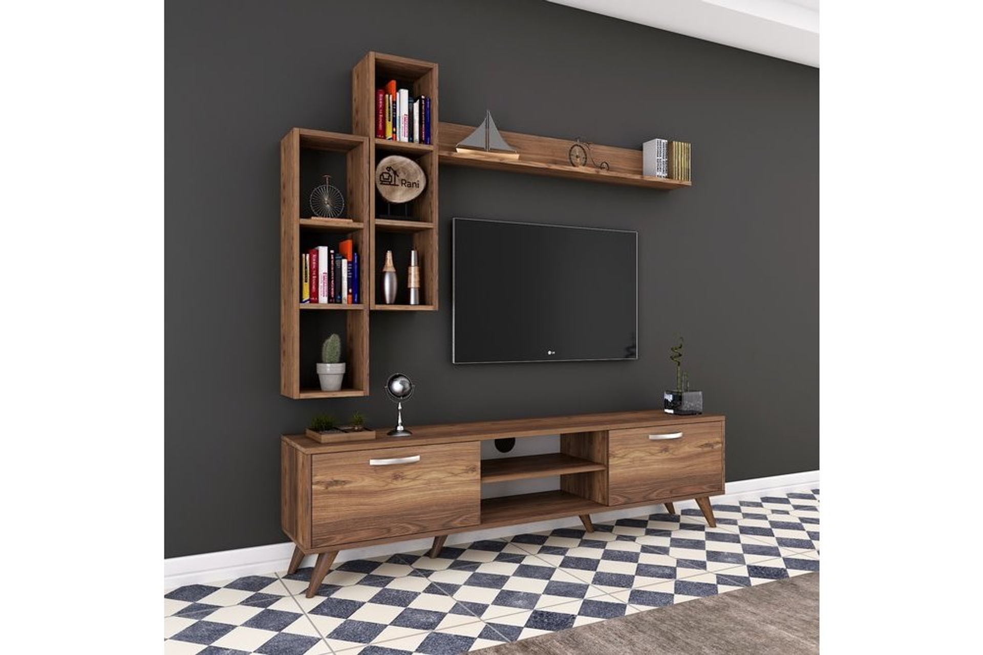 Rani A9 Duvar Rafli Kitaplikli Tv Unitesi Ceviz M16 Fiyati Vivense