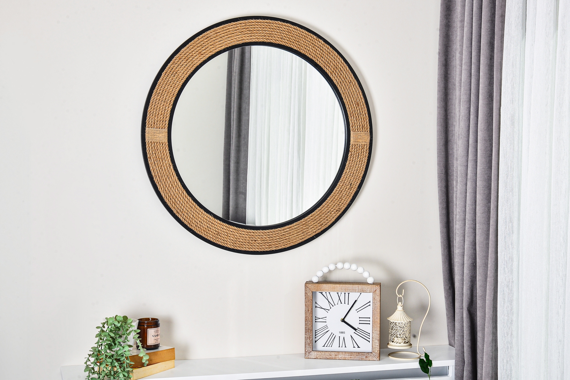 Dfn Wood Jut Halatlı Yuvarlak Duvar Aynası- Siyah Çerçeve- 97X97 -1