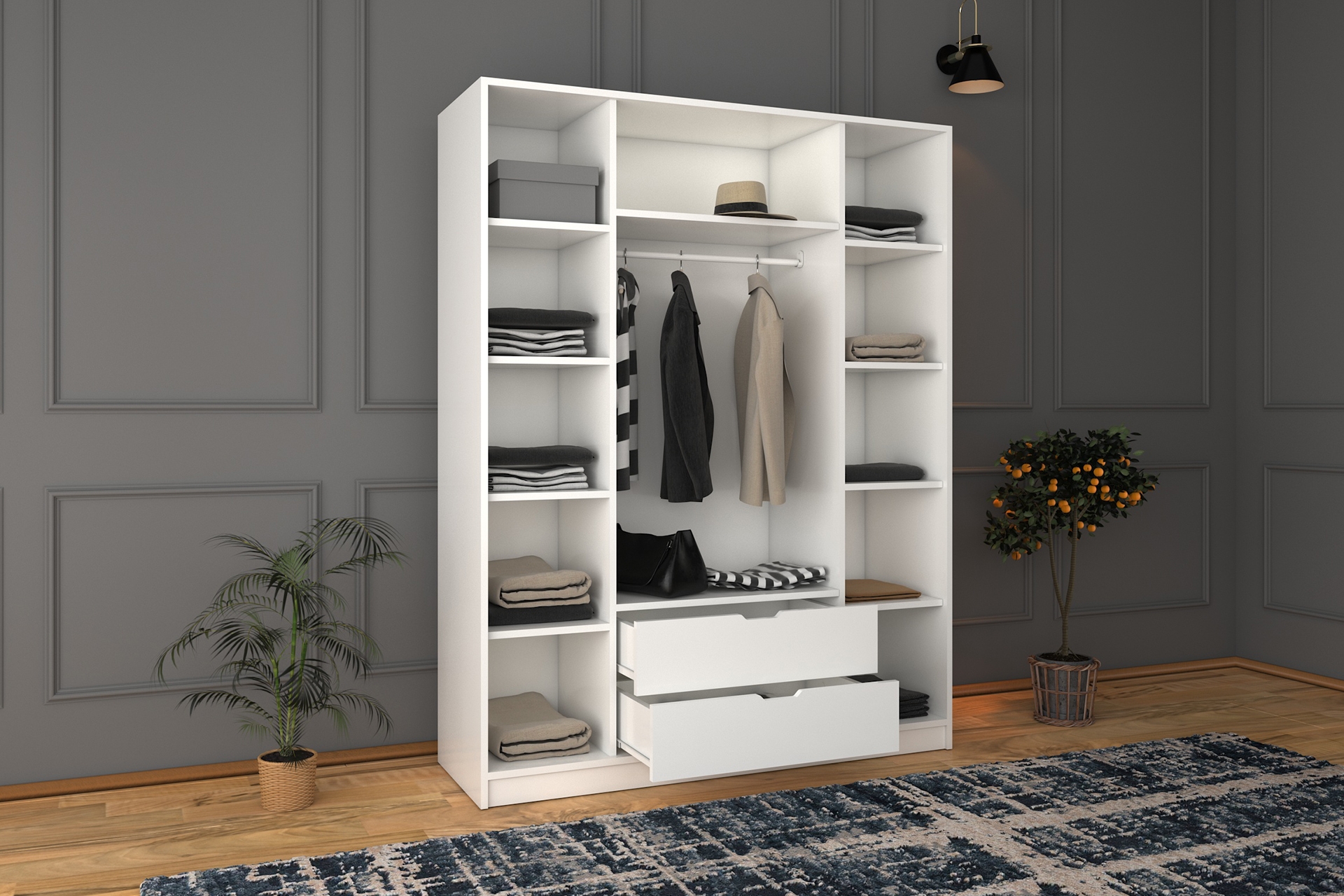 Matte Kleiderschrank mit 4 Türen und 2 Schubladen, Weiß | Vivense  Deutschland