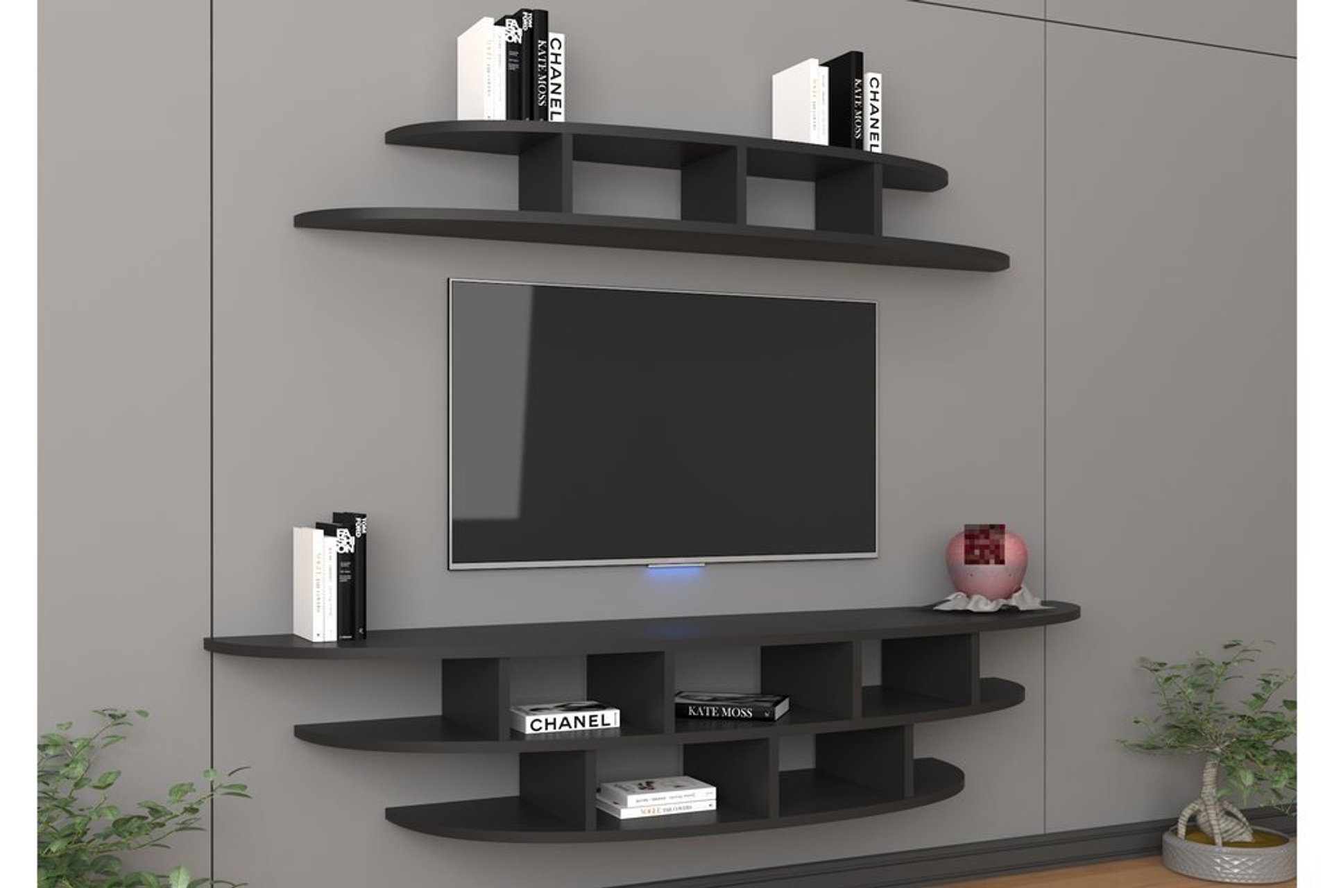 ALESSİA DUVAR RAFLI ELİPS TV ÜNİTESİ SİYAH FİYATI Vivense