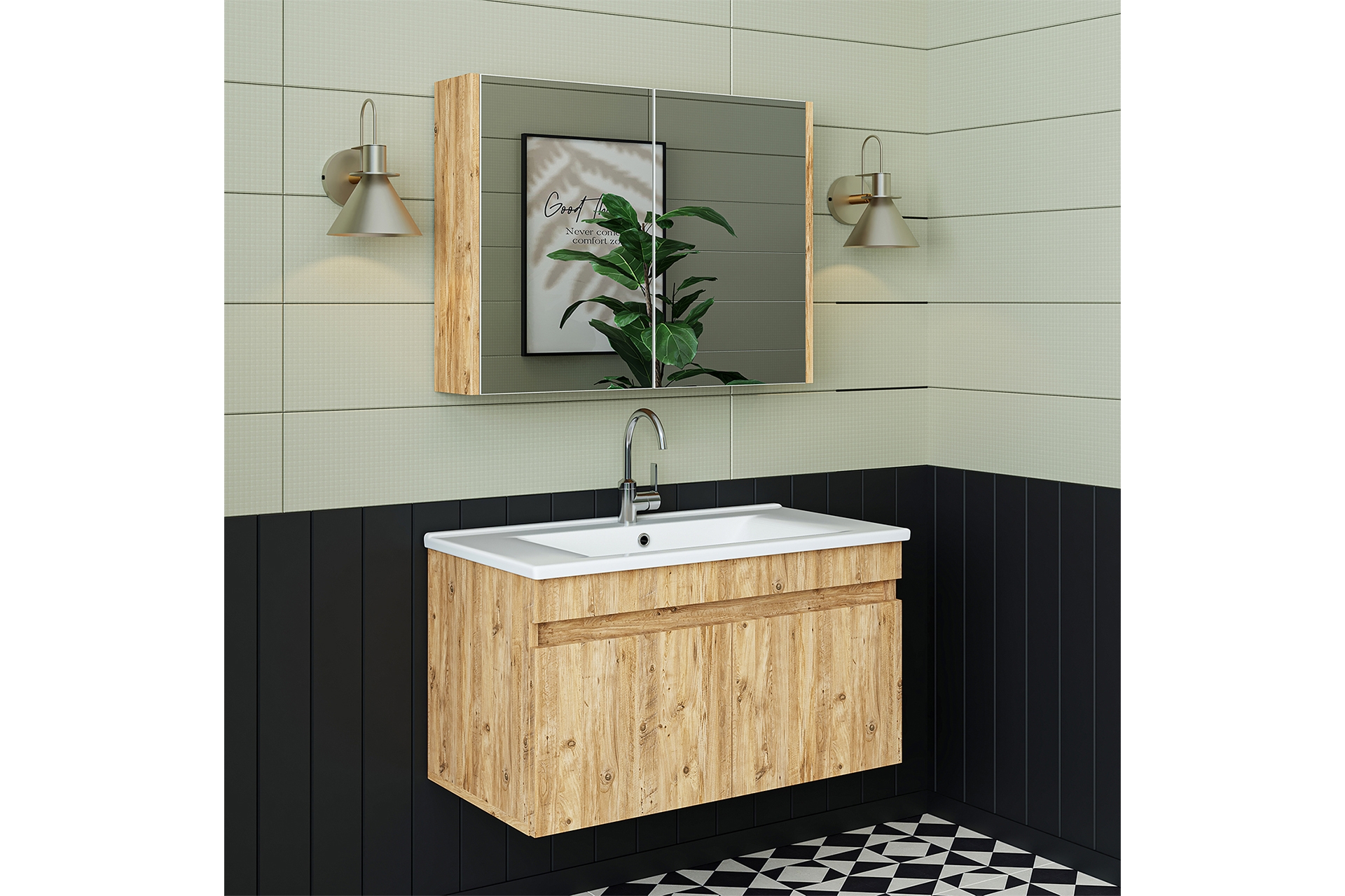 ROOMART BANYO ALT DOLAP VE AYNALI ÜST DOLAP, LAVABOLU, ATLANTİK, 85 CM ...