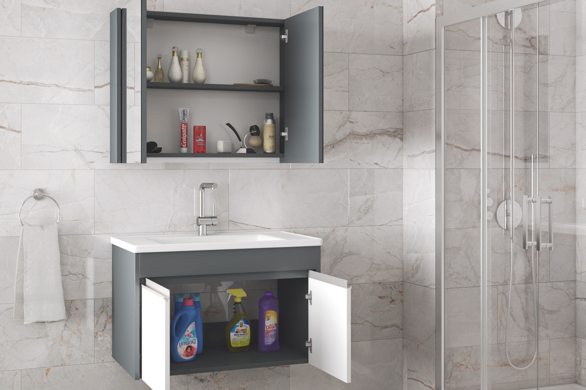 ALFA VİSENTE-EA AYNALI LAVABOLU BANYO DOLAP TAKIMI, 80 CM